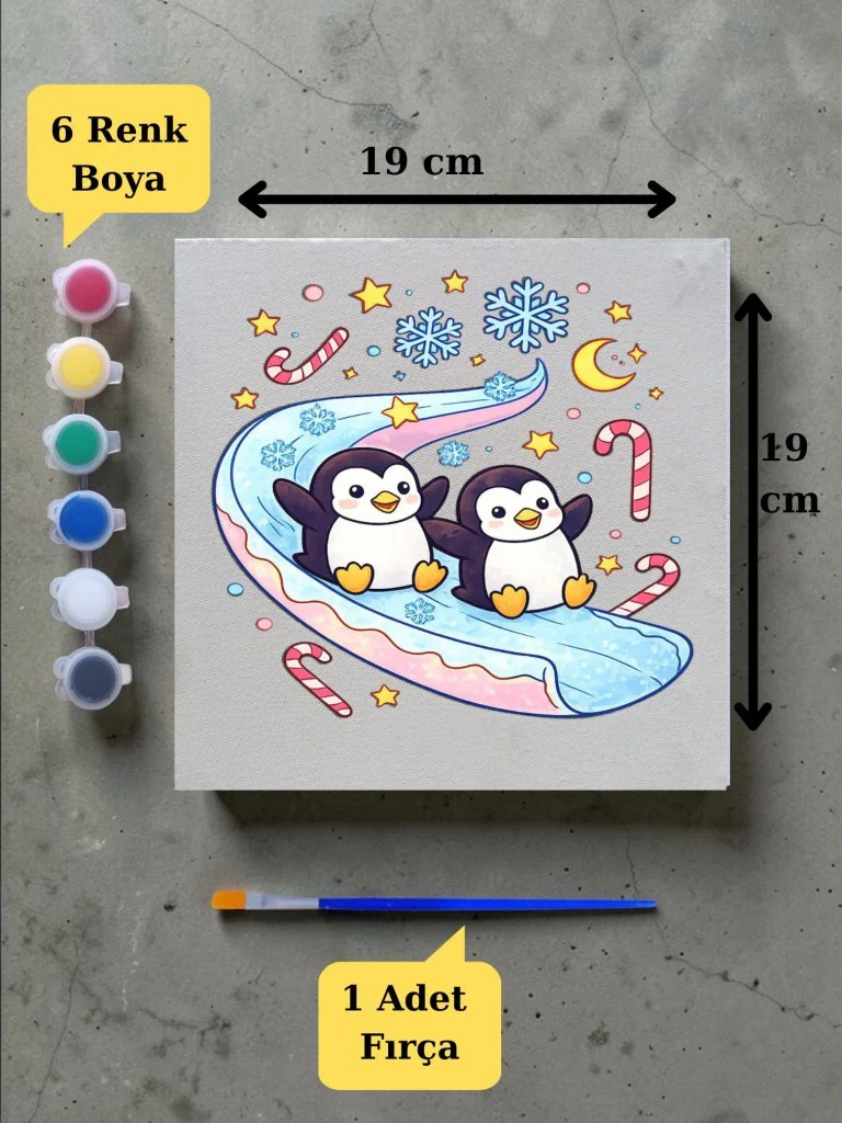 Tuval Boyama Aktivite Seti Sevimli Penguenler Baskılı 19x19 Cm (T