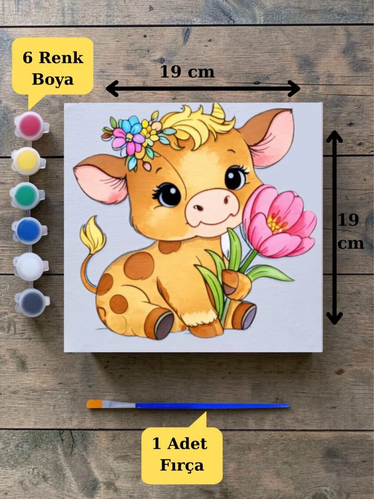 Tuval Boyama Aktivite Seti Sevimli İnek Baskılı 19x19 Cm (Tuval, 