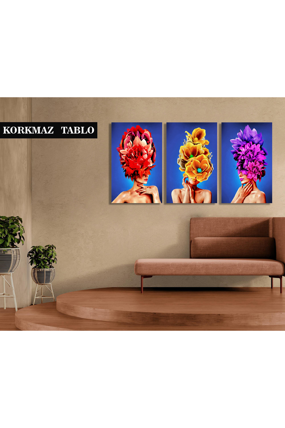 Korkmazkanvas Tuval Üzerine Kafa Paletinde Çiçek Buketi Olan 3 Kız. 3'Lü Kanvas