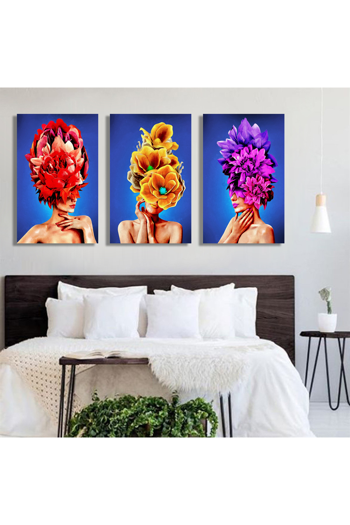 Korkmazkanvas Tuval Üzerine Kafa Paletinde Çiçek Buketi Olan 3 Kız. 3'Lü Kanvas