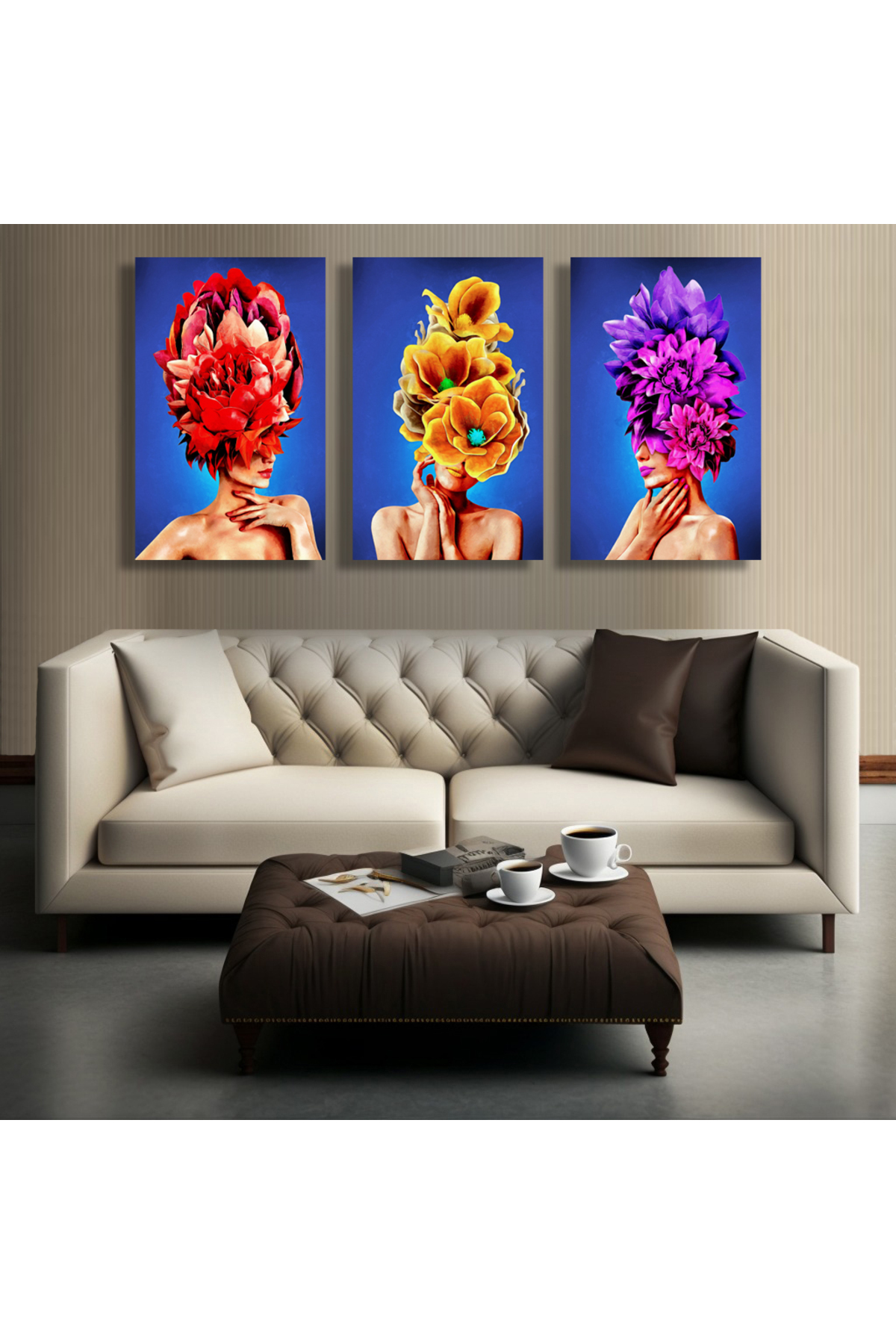Korkmazkanvas Tuval Üzerine Kafa Paletinde Çiçek Buketi Olan 3 Kız. 3'Lü Kanvas