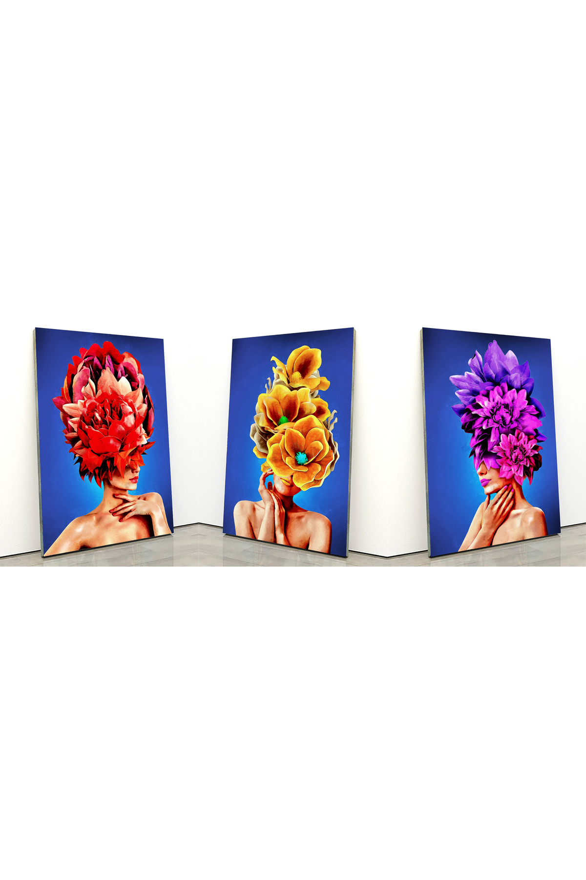 Korkmazkanvas Tuval Üzerine Kafa Paletinde Çiçek Buketi Olan 3 Kız. 3'Lü Kanvas