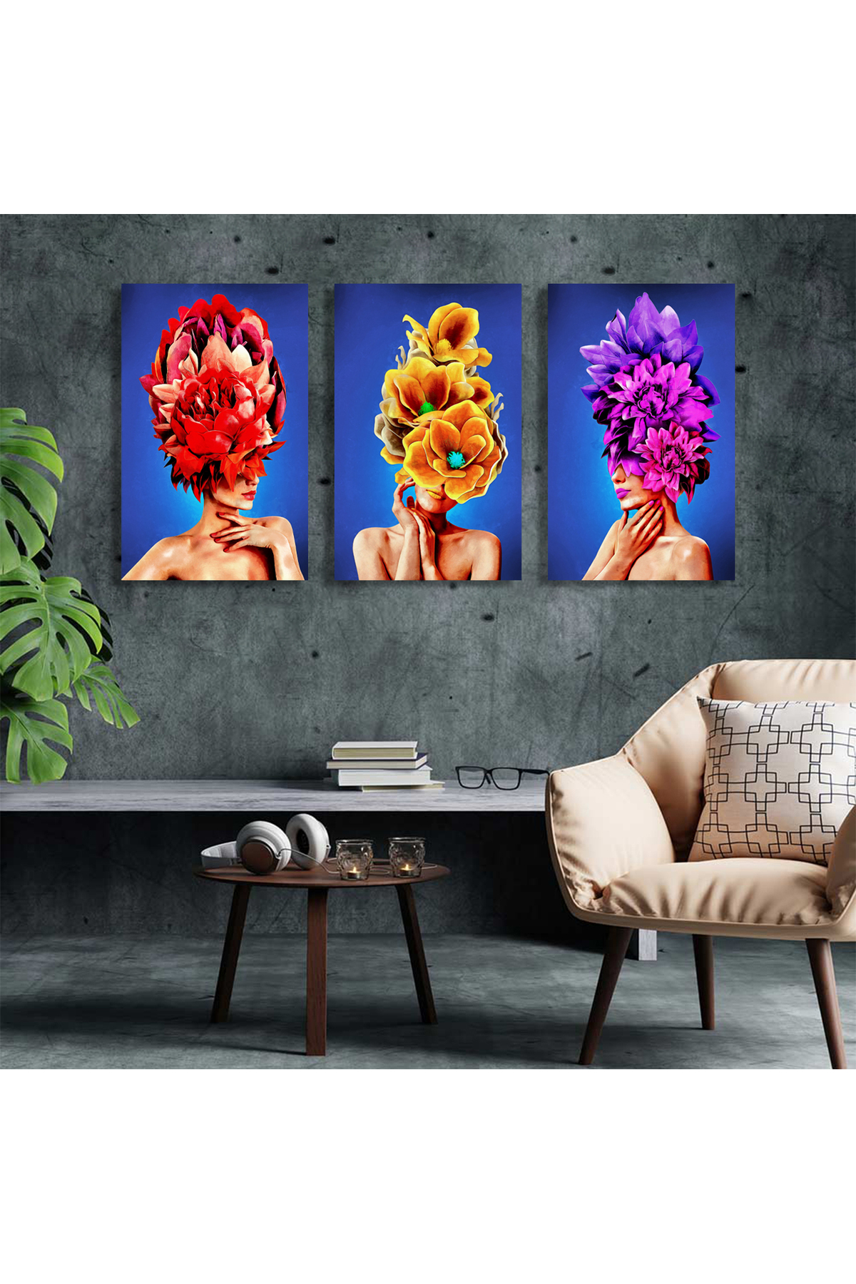 Korkmazkanvas Tuval Üzerine Kafa Paletinde Çiçek Buketi Olan 3 Kız. 3'Lü Kanvas