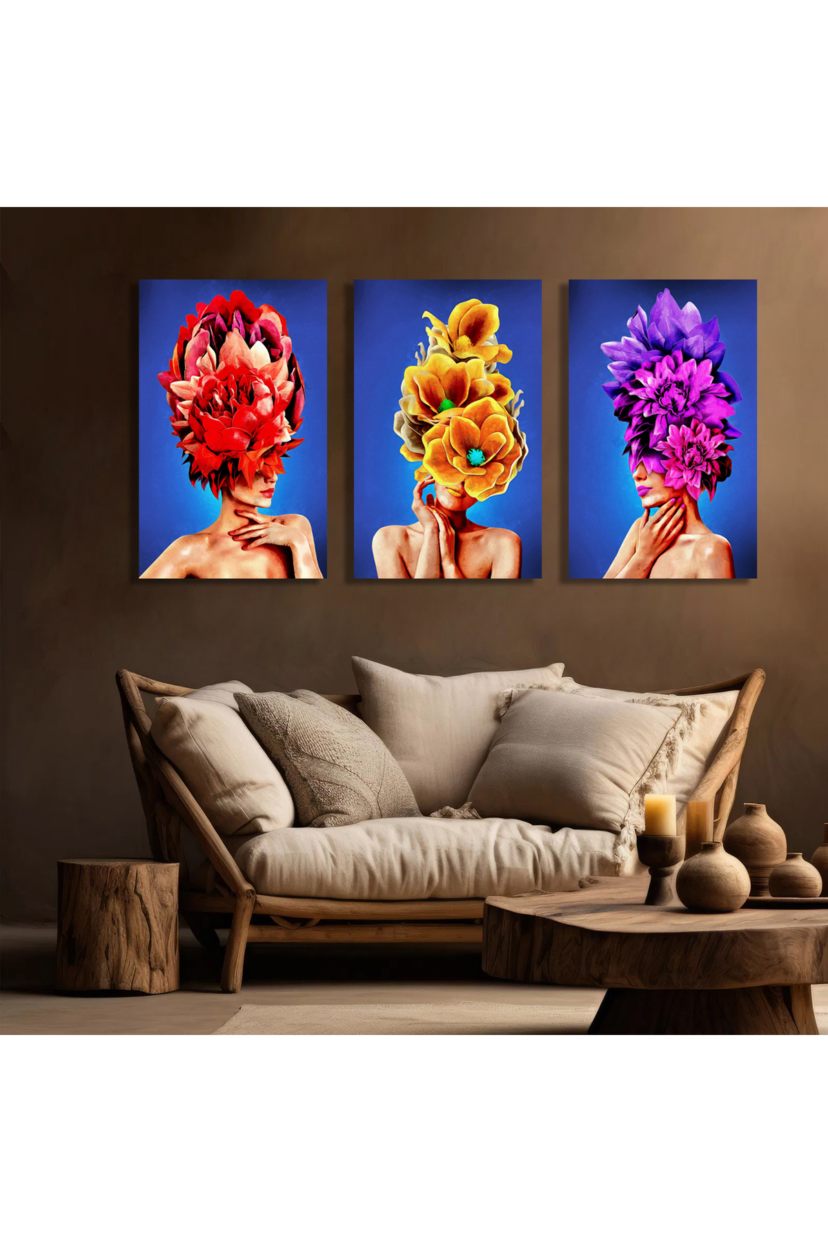 Korkmazkanvas Tuval Üzerine Kafa Paletinde Çiçek Buketi Olan 3 Kız. 3'Lü Kanvas