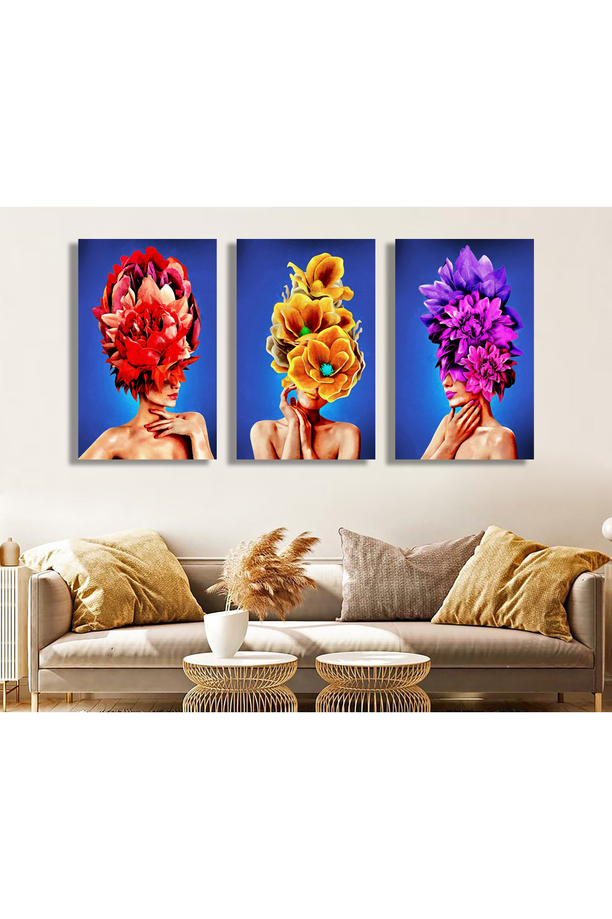 Korkmazkanvas Tuval Üzerine Kafa Paletinde Çiçek Buketi Olan 3 Kız. 3'Lü Kanvas