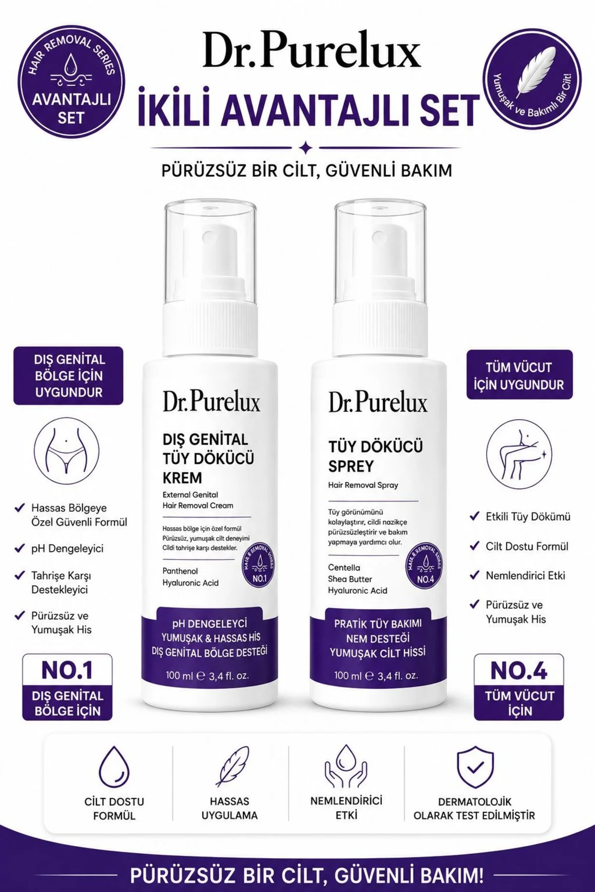 Tüy Dökücü Bakım Seti No.1 Dış Genital Bölge Kremi 100 ml + No.4 