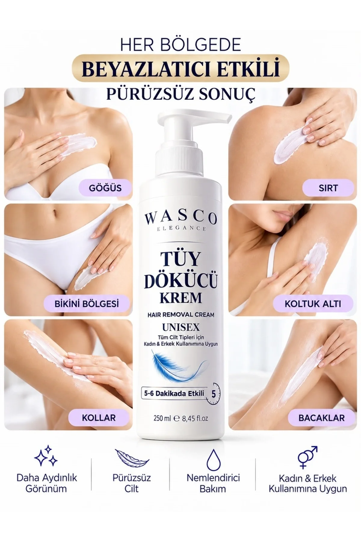 Tüy Dökücü Krem 250 ml Unisex Kadın Erkek | Beyazlatıcı, Kararma Karşıtı 5-6 Dakikada Etkili Temizlik