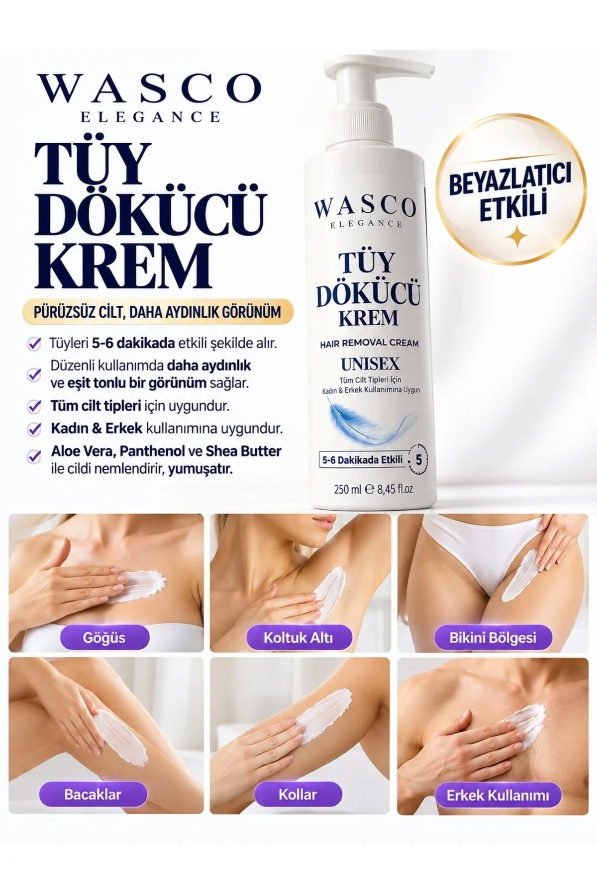 Tüy Dökücü Krem 250 ml Unisex Kadın Erkek | Beyazlatıcı, Kararma Karşıtı 5-6 Dakikada Etkili Temizlik