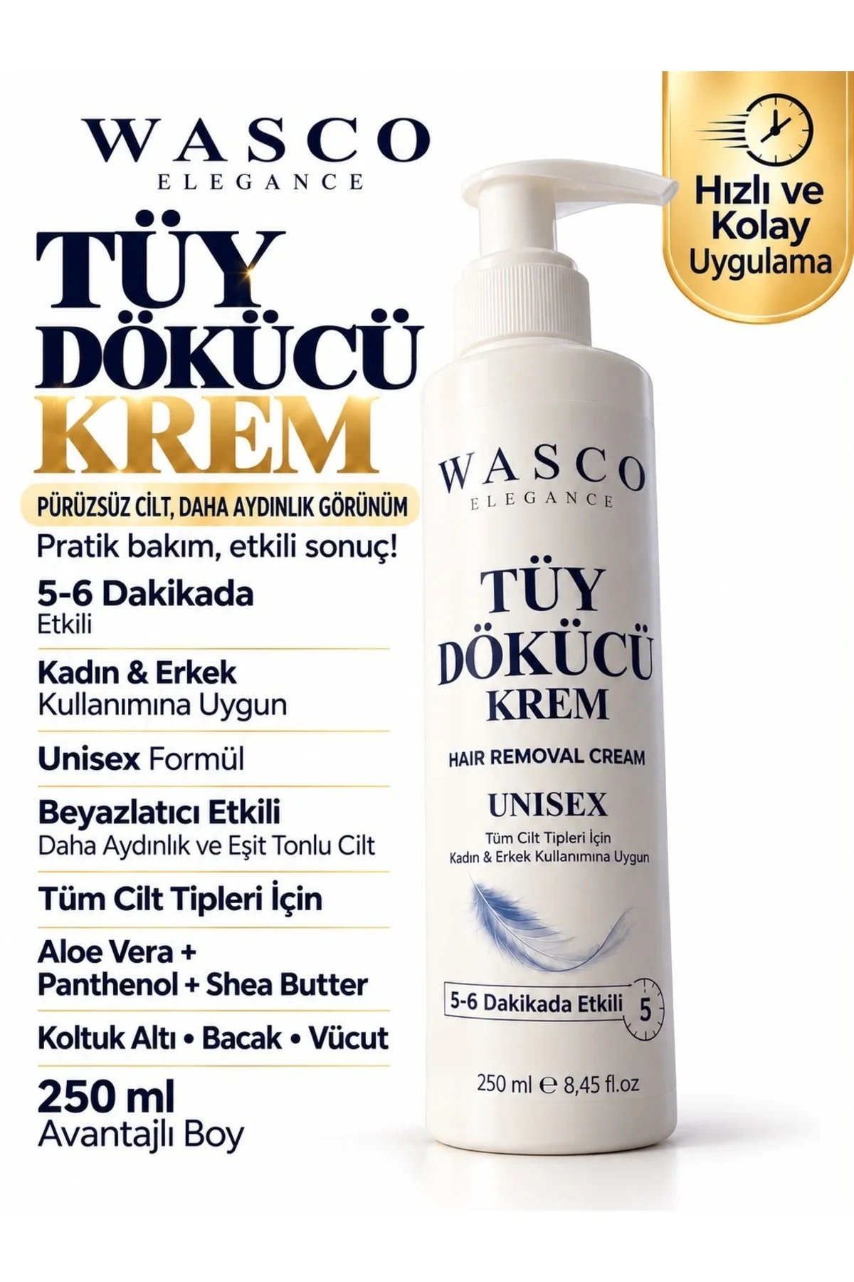 Tüy Dökücü Krem 250 ml Unisex Kadın Erkek | Beyazlatıcı, Kararma Karşıtı 5-6 Dakikada Etkili Temizlik