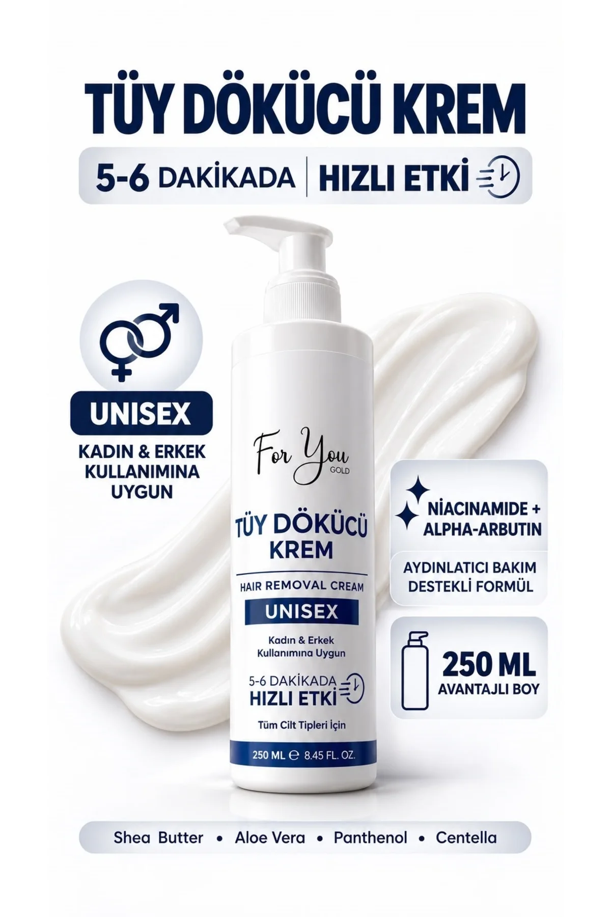 Tüy Dökücü Krem 250 ml – Kadın & Erkek Unisex, Hızlı Tüy Temizliği, Niacinamide & Alpha-Arbutin İçeren Cilt Tonu Eşitleme Aydınlatıcı Formül - Görsel 3