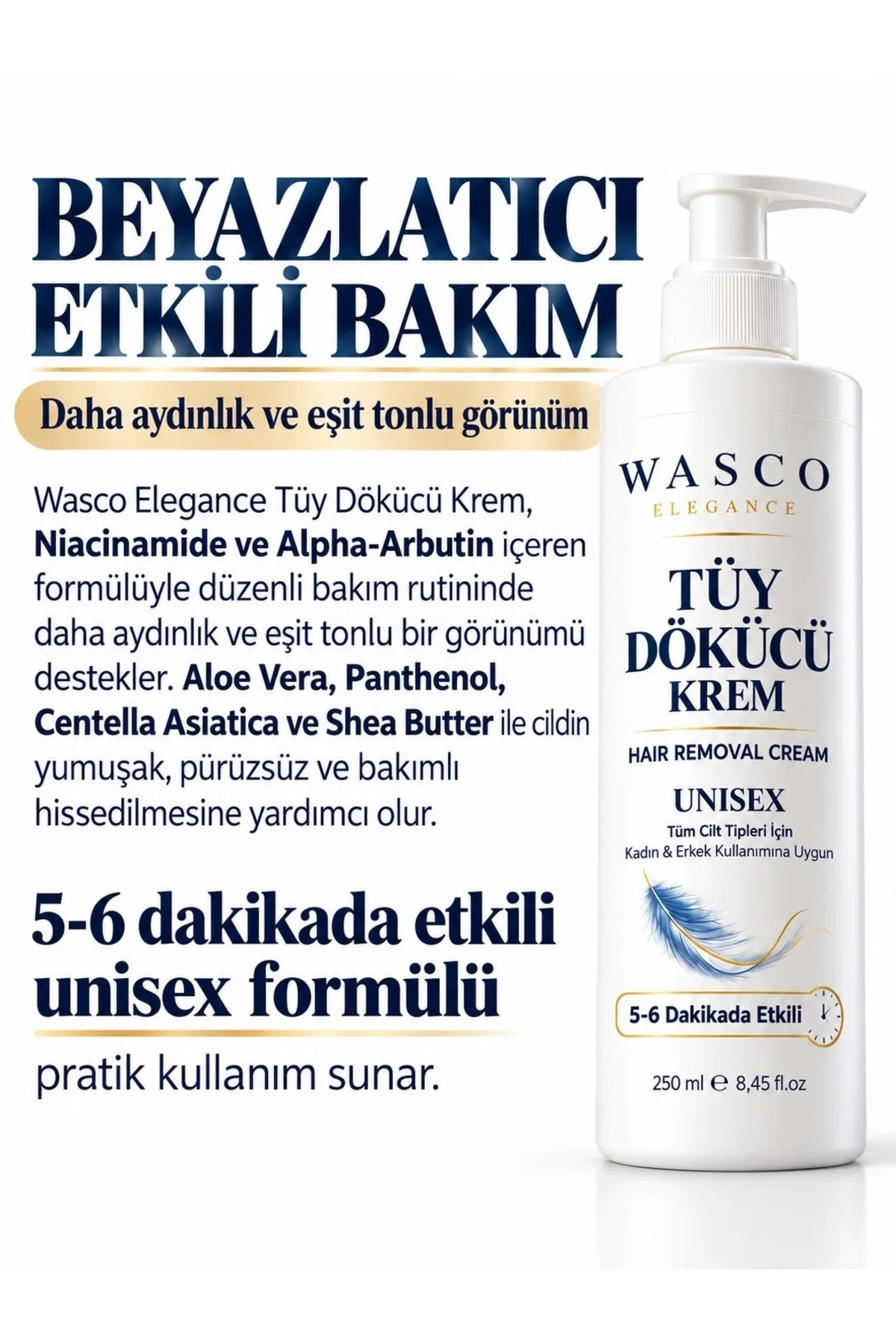 Tüy Dökücü Krem 250 ml Unisex Kadın Erkek | Beyazlatıcı, Kararma Karşıtı 5-6 Dakikada Etkili Temizlik