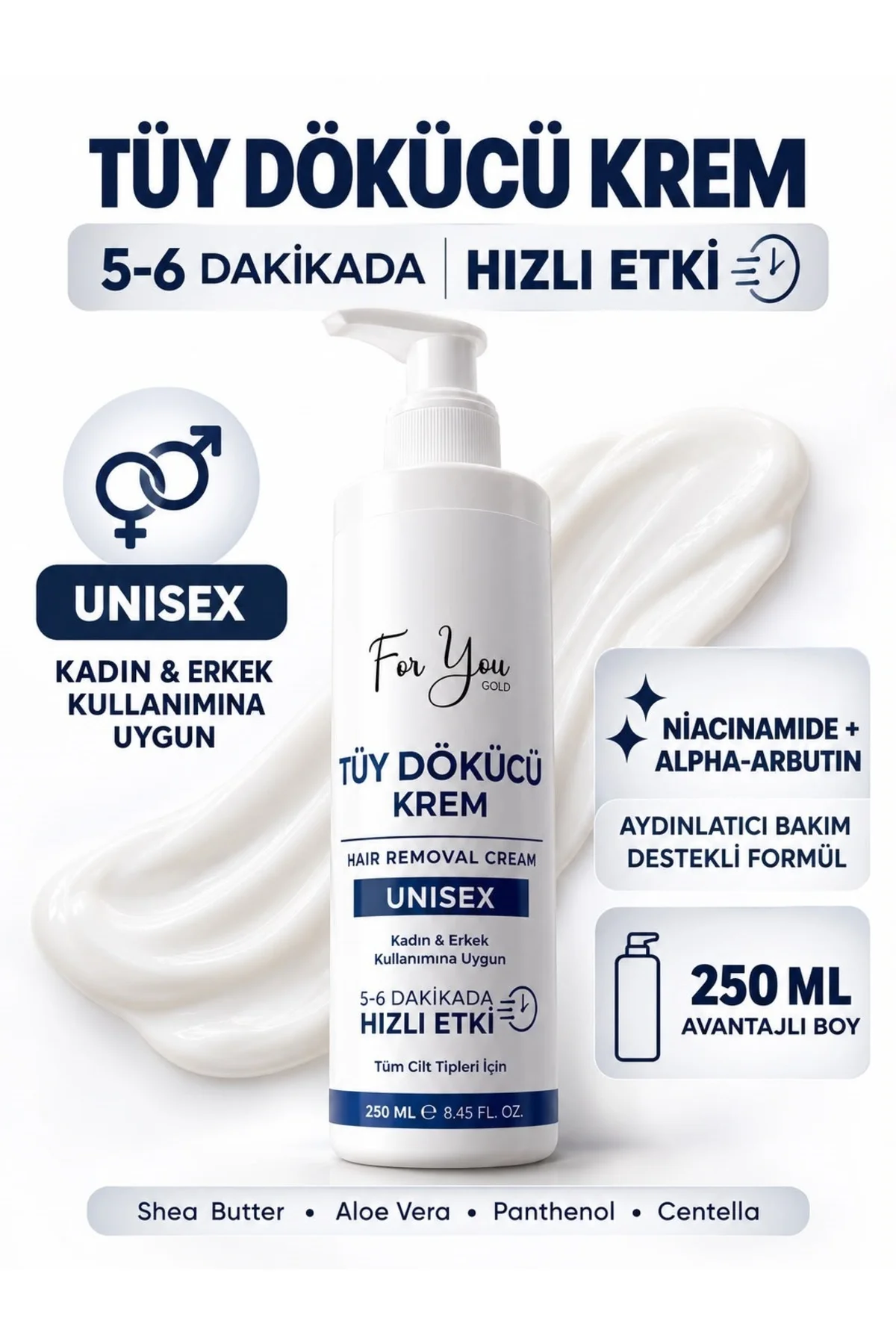 Tüy Dökücü Krem 250 ml – Kadın & Erkek Unisex, Hızlı Tüy Temizliği, Niacinamide & Alpha-Arbutin İçeren Cilt Tonu Eşitleme Aydınlatıcı Formül - Görsel 5