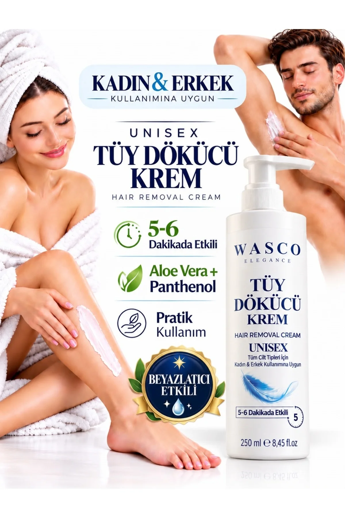 Tüy Dökücü Krem 250 ml Unisex Kadın Erkek | Beyazlatıcı, Kararma Karşıtı 5-6 Dakikada Etkili Temizlik