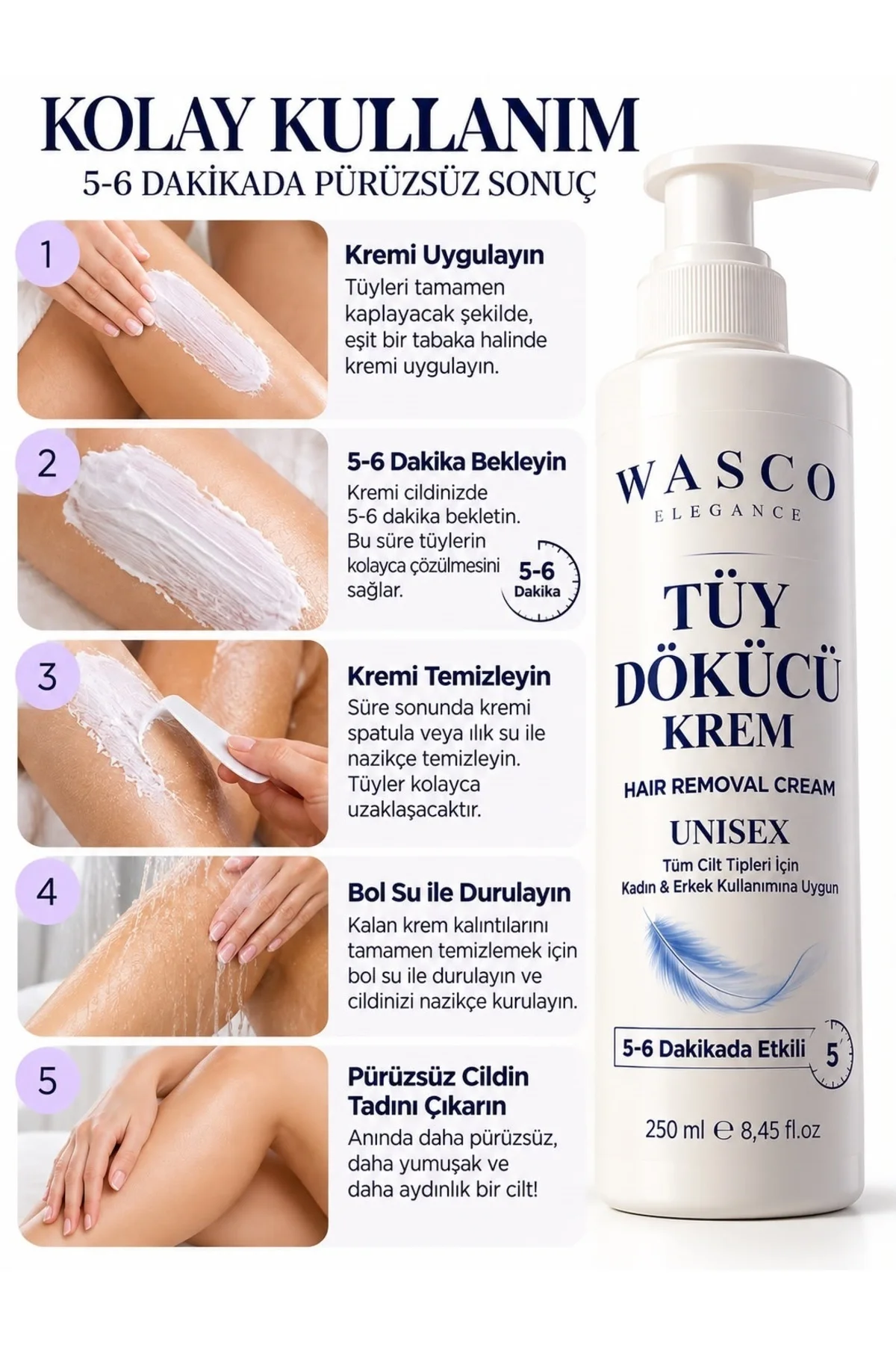 Tüy Dökücü Krem 250 ml Unisex Kadın Erkek | Beyazlatıcı, Kararma Karşıtı 5-6 Dakikada Etkili Temizlik