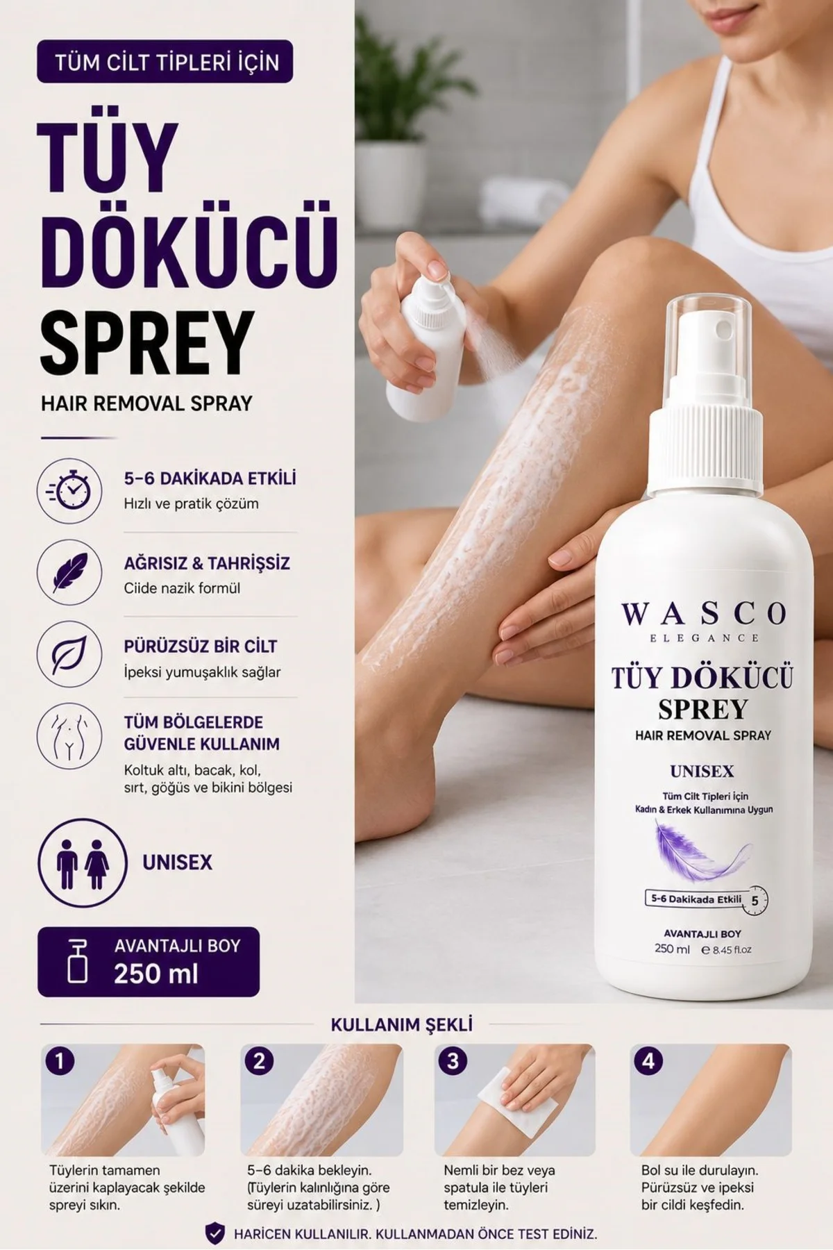 Tüy Dökücü Krem Sprey 250 ml | Kadın & Erkek Kullanımına Uygun | 