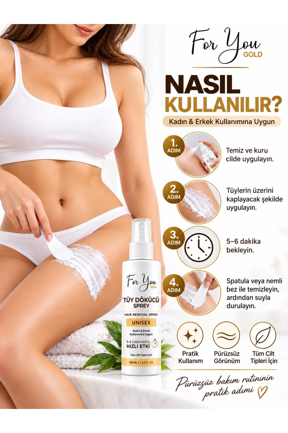 Tüy Dökücü Sprey 100 ml Beyazlatıcı Etkili Unisex – Kadın & Erkek Kullanımına Uygun, 5-6 Dakikada Hızlı Etki, Tüm Cilt Tipleri İçin - Görsel 4