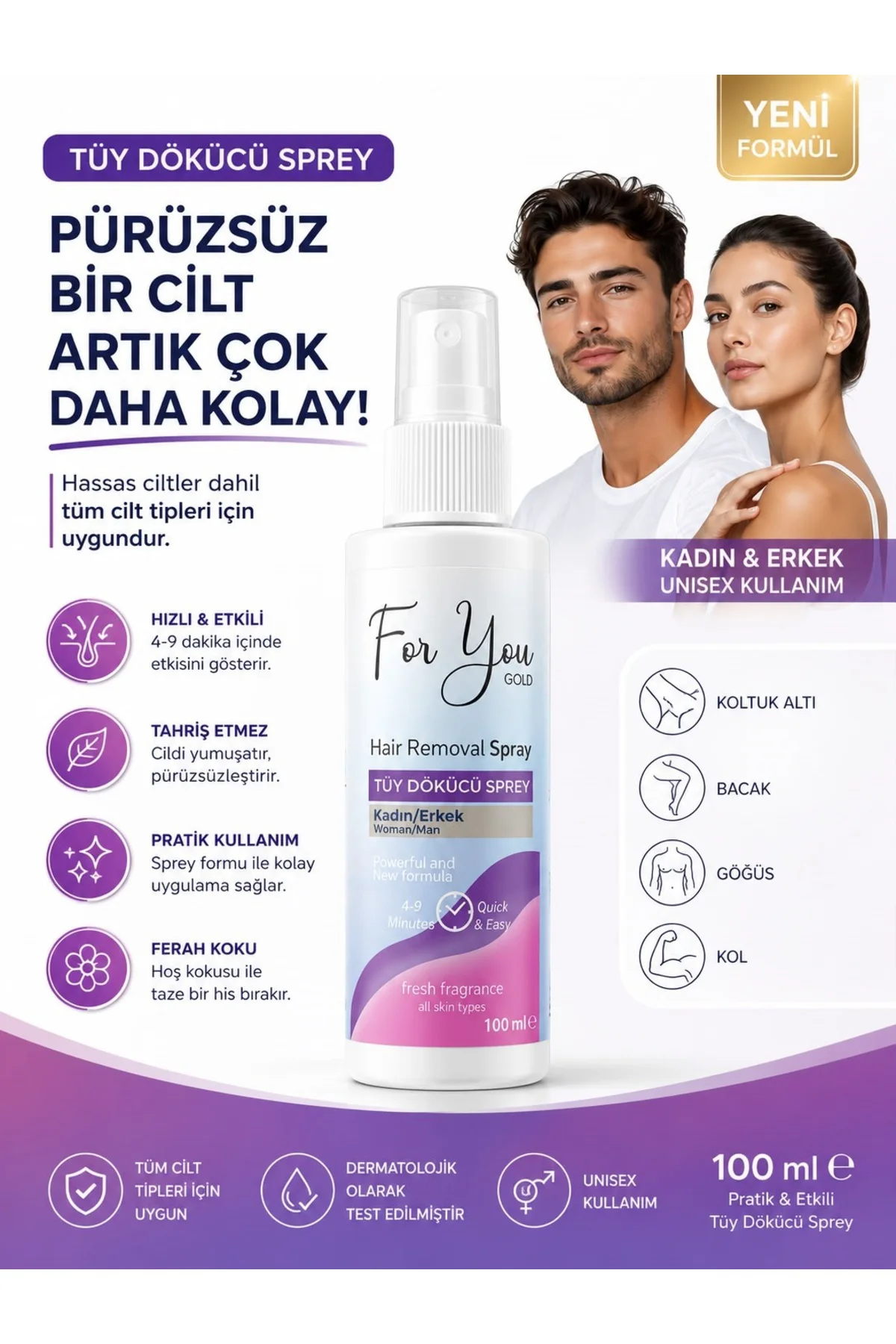 Tüy Dökücü Sprey 100 ml | Kadın & Erkek Unisex | 4-9 Dakikada Etkili Bakım Tüy Dökücü Sprey 100 ml | Kadın & Erkek Unisex | 4-9 Dakikada Etkili Bakım