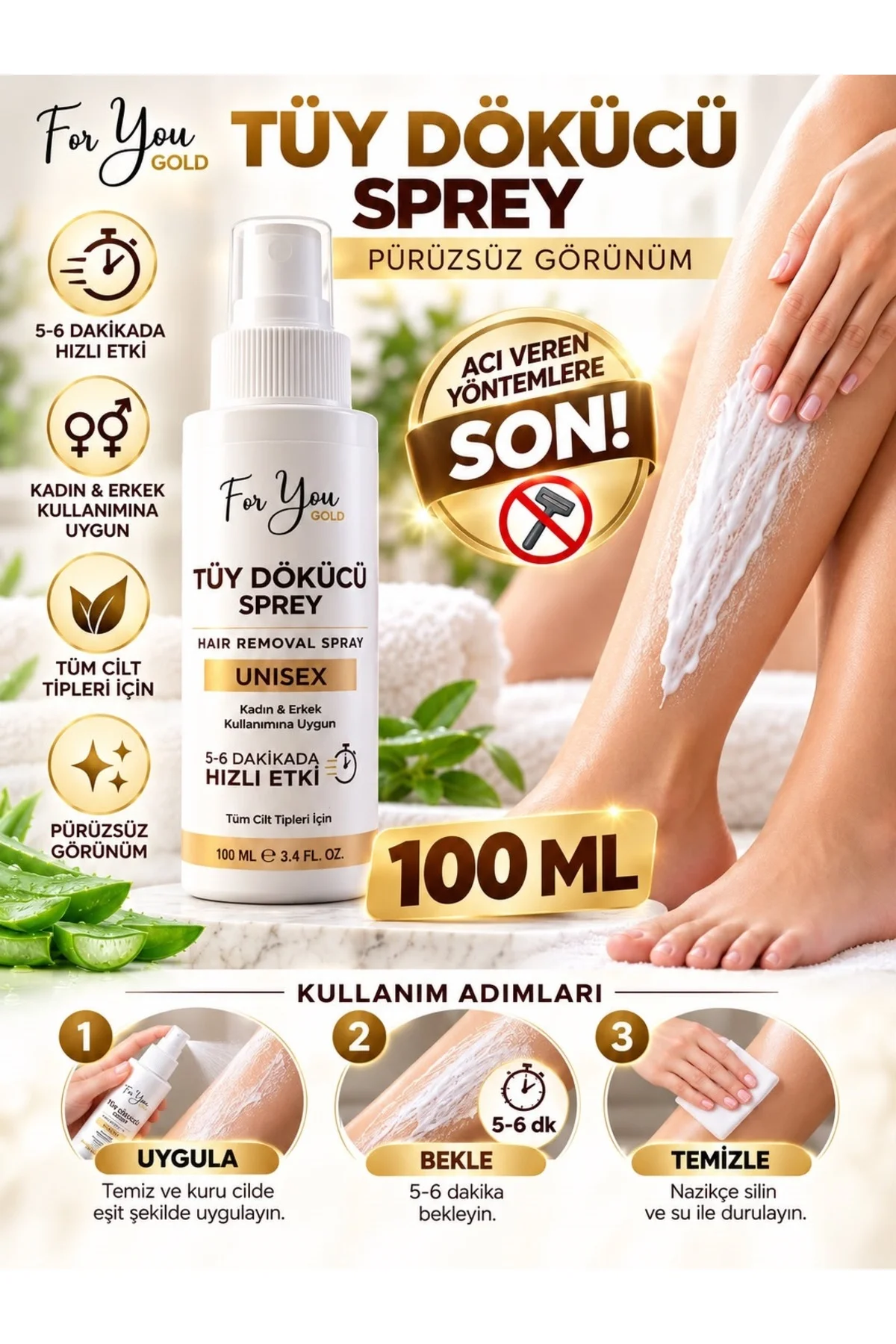 Tüy Dökücü Sprey 100 ml Beyazlatıcı Etkili Unisex – Kadın & Erkek Kullanımına Uygun, 5-6 Dakikada Hızlı Etki, Tüm Cilt Tipleri İçin - Görsel 3