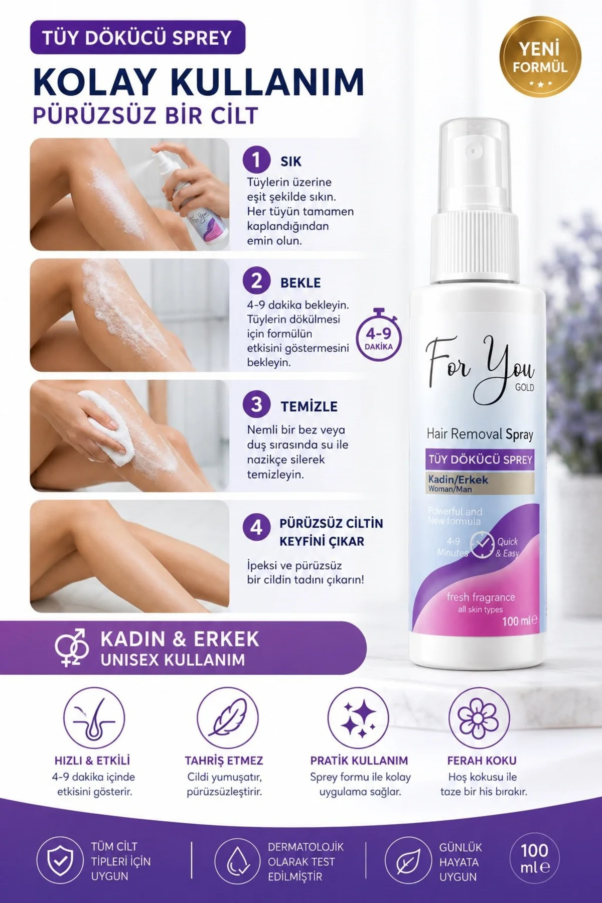 Tüy Dökücü Sprey 100 ml | Kadın & Erkek Unisex | 4-9 Dakikada Etkili Bakım Tüy Dökücü Sprey 100 ml | Kadın & Erkek Unisex | 4-9 Dakikada Etkili Bakım