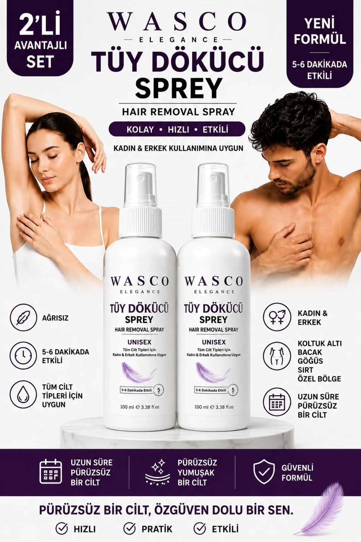 Tüy Dökücü Sprey 2 Adet x 100 ml – Kadın & Erkek Kullanıma Uygun 