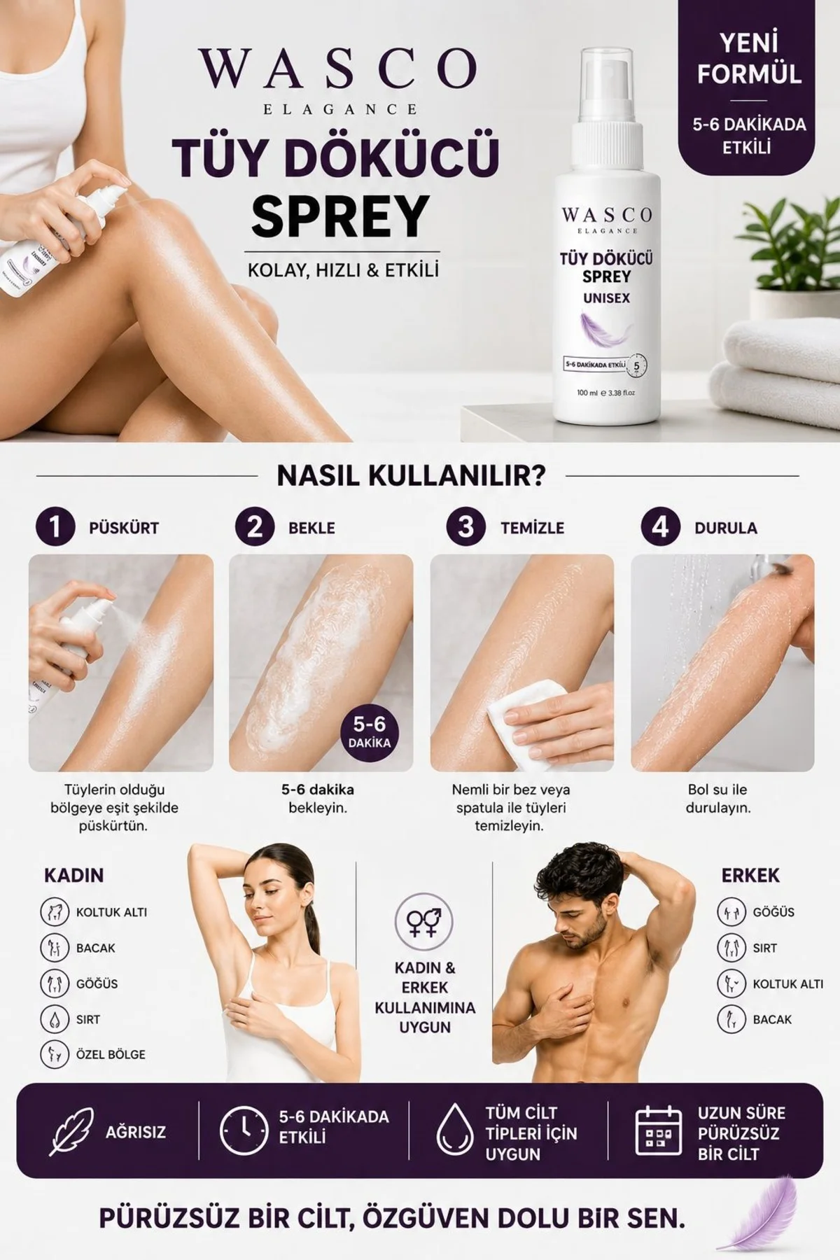 Tüy Dökücü Sprey 2 Adet x 100 ml – Kadın & Erkek Kullanıma Uygun 