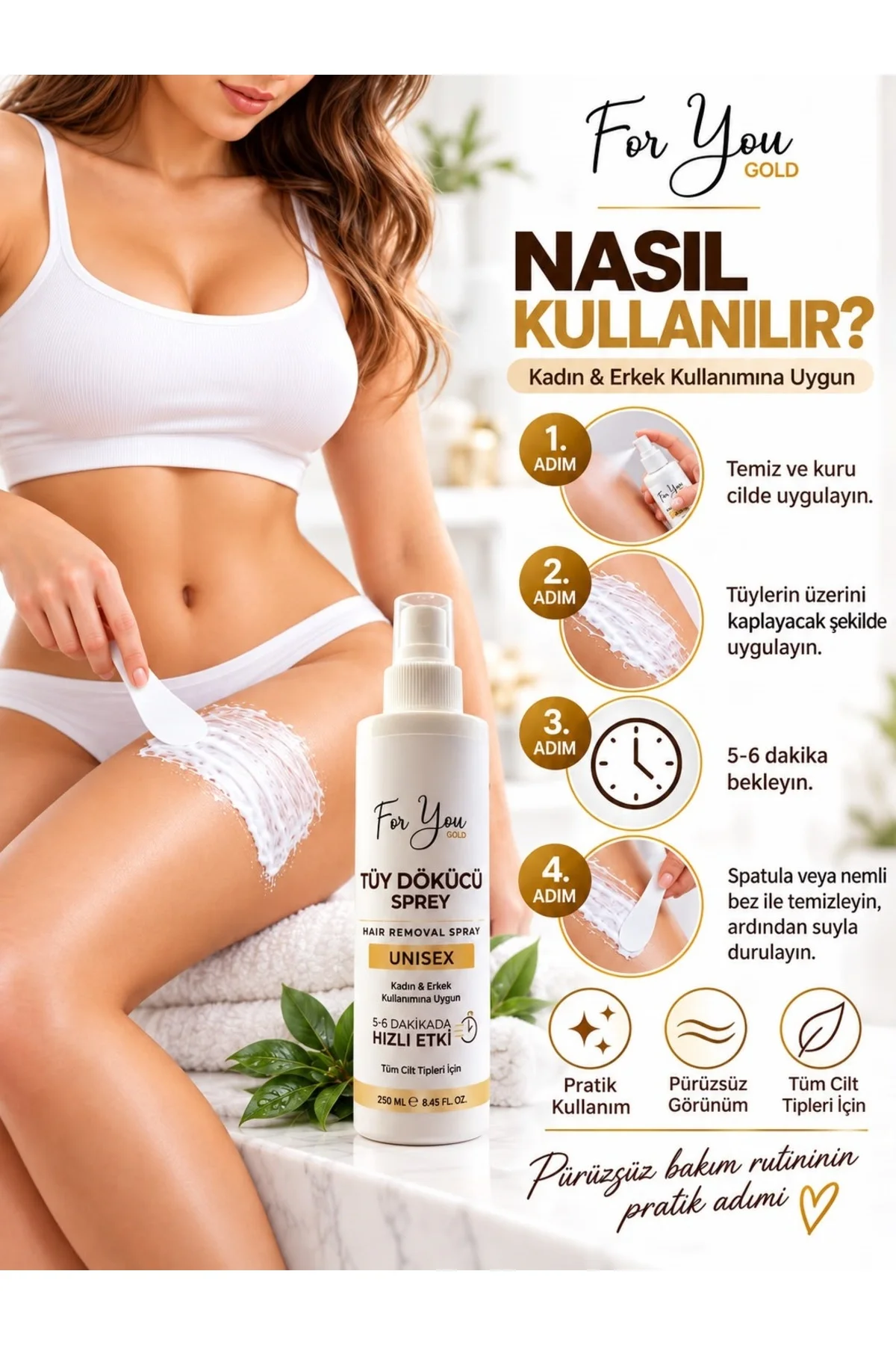 Tüy Dökücü Sprey 250 ml Unisex – Kadın & Erkek Kullanımına Uygun, 5-6 Dakikada Hızlı Etki, Tüm Cilt Tipleri İçin - Görsel 3