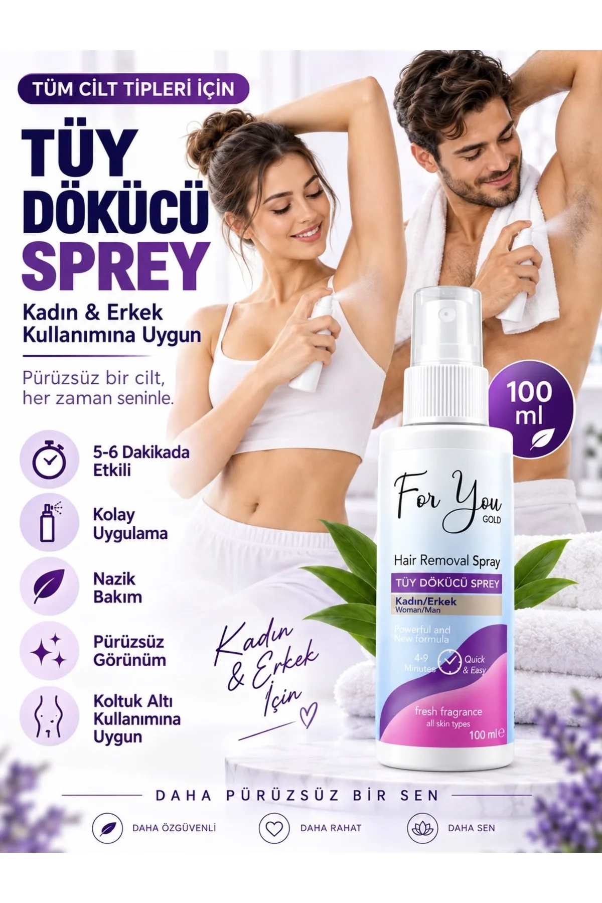 Tüy Dökücü Sprey 3 X 100 ml | Kadın & Erkek Unisex | 4-9 Dakikada Etkili Bakım | Tüm Cilt Tipleri için Uygun Tüy Dökücü Sprey 3 X 100 ml | Kadın & Erkek Unisex | 4-9 Dakikada Etkili Bakım | Tüm Cilt Tipleri için Uygun