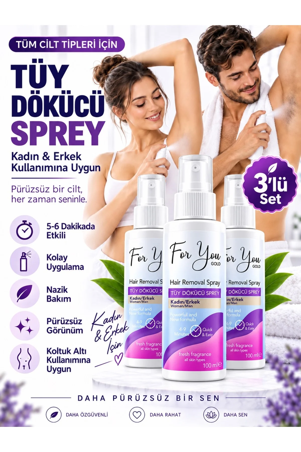 Tüy Dökücü Sprey 3 X 100 ml | Kadın & Erkek Unisex | 4-9 Dakikada Etkili Bakım | Tüm Cilt Tipleri için Uygun Tüy Dökücü Sprey 3 X 100 ml | Kadın & Erkek Unisex | 4-9 Dakikada Etkili Bakım | Tüm Cilt Tipleri için Uygun