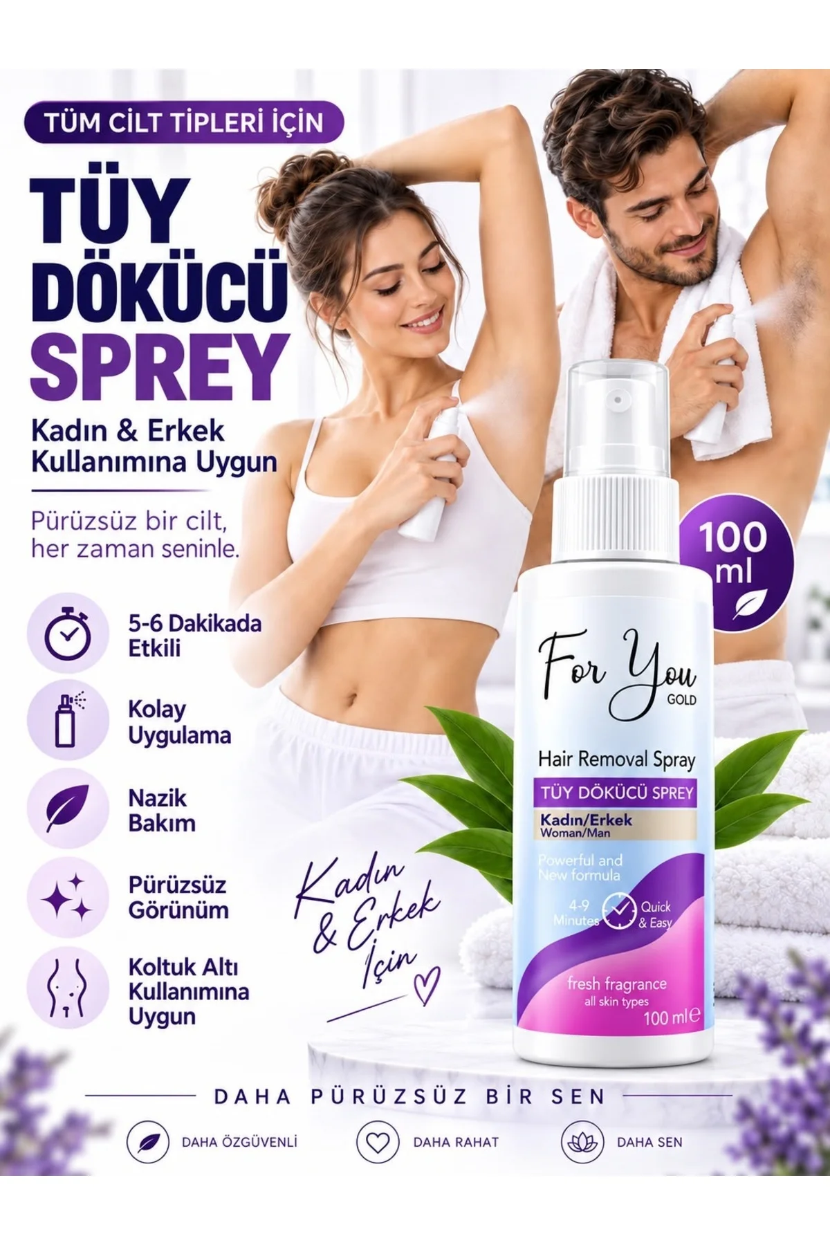 Tüy Dökücü Sprey 3 X 100 ml | Kadın & Erkek Unisex | 4-9 Dakikada Etkili Bakım | Tüm Cilt Tipleri için Uygun Tüy Dökücü Sprey 3 X 100 ml | Kadın & Erkek Unisex | 4-9 Dakikada Etkili Bakım | Tüm Cilt Tipleri için Uygun