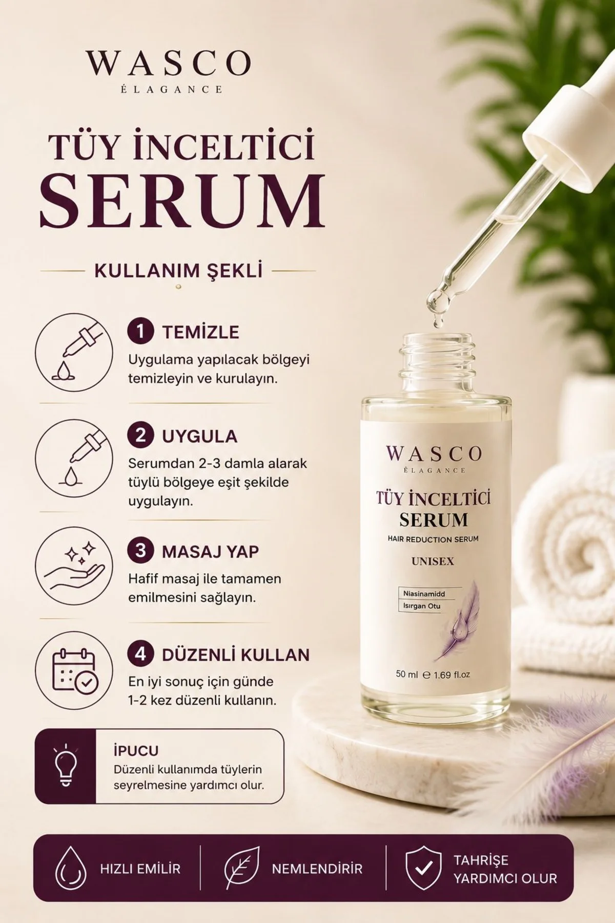 Tüy Serum 50 ml | Epilasyon Sonrası Tüy Azaltıcı Serumu | Unisex | Niacinamide & Isırgan Otu İçeren Cilt Serumu