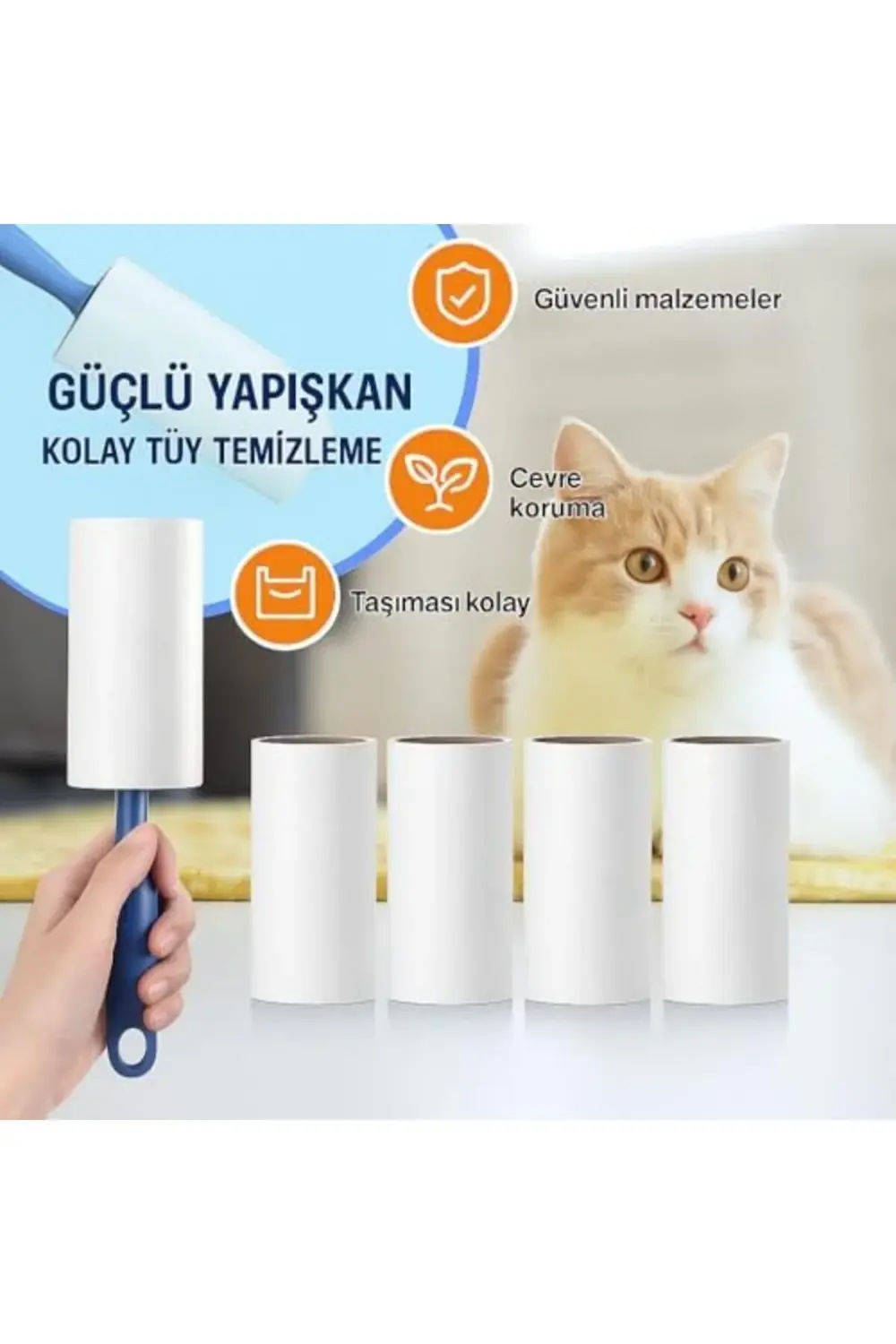 Tüy Toplayıcı Set – 1 Sap + 6 Rulo – Toplam 360 Yaprak – Kedi Köp