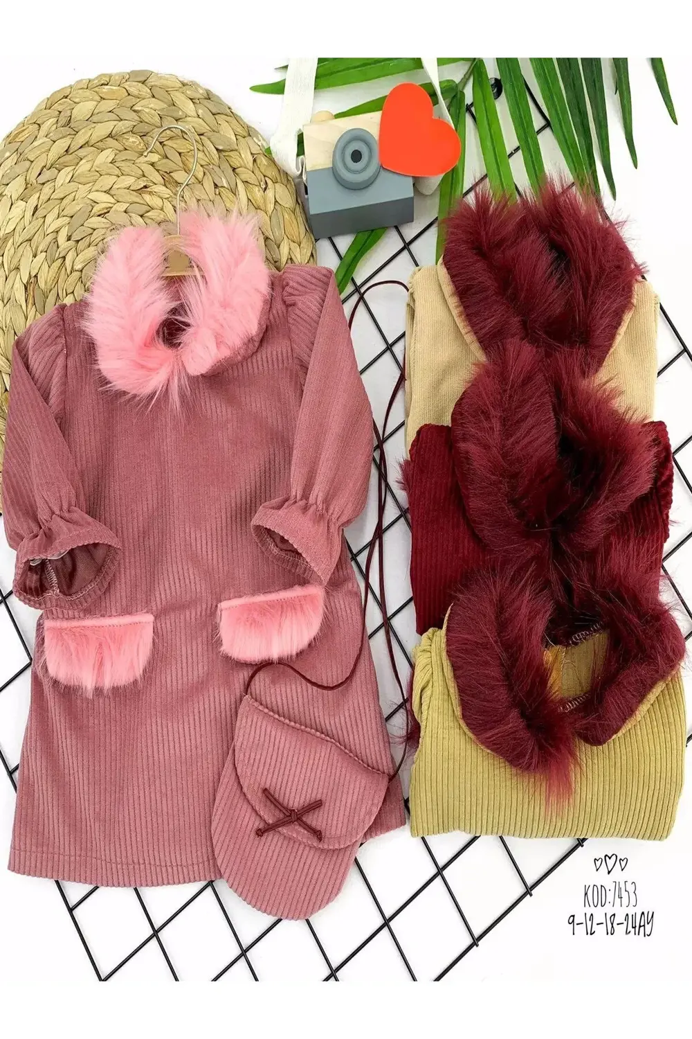 Tüylü Yaka Ve Cep Kapaklı Çantalı Fitilli Kadife Uzun Kollu 2li K