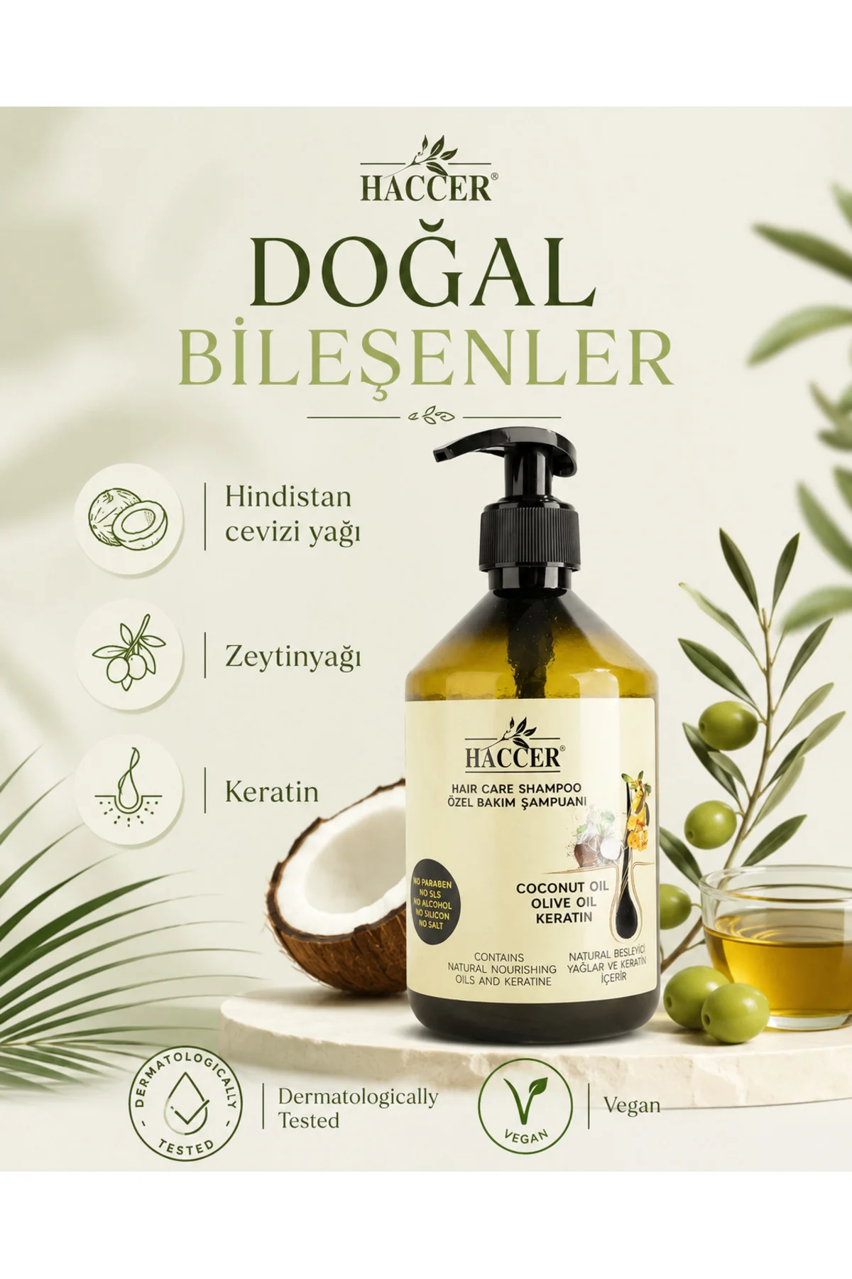 Tuzsuz Sülfatsız Parabensiz Zeytinyağı Hindistan Cevizi Keratin Ş