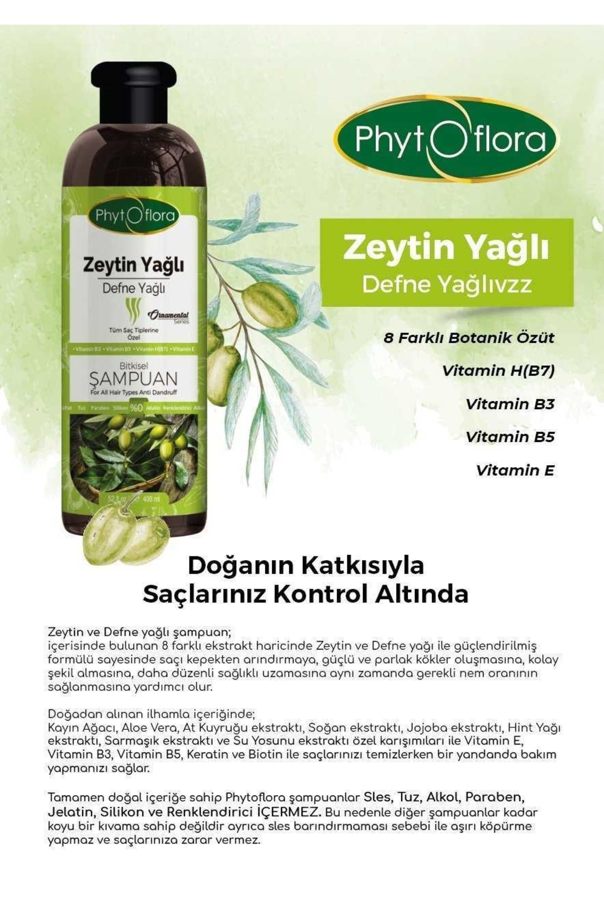 Phytoflora Tuzsuz Tüm Saç Tiplerine Özel Zeytinyağlı Bitkisel Şampuan 400 Ml