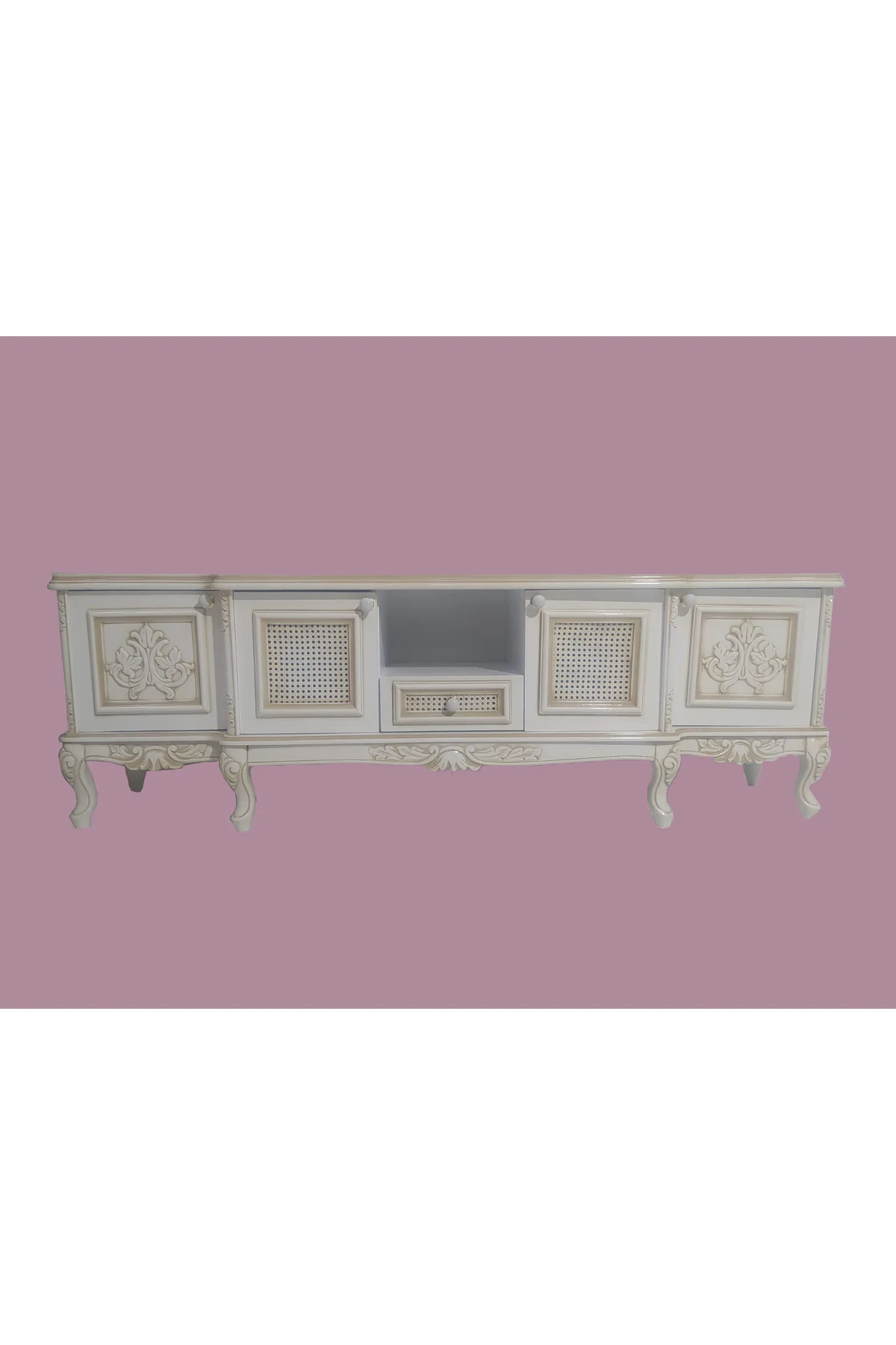 Tv Sehpa ST 17346 Klasik Hasır Model Kayın Aslan Ayak Oyma Nakış Beyaz El yapım Tv Sehpa ST 17346 Klasik Hasır Model Kayın Aslan Ayak Oyma Nakış Beyaz El yapım - Görsel 4