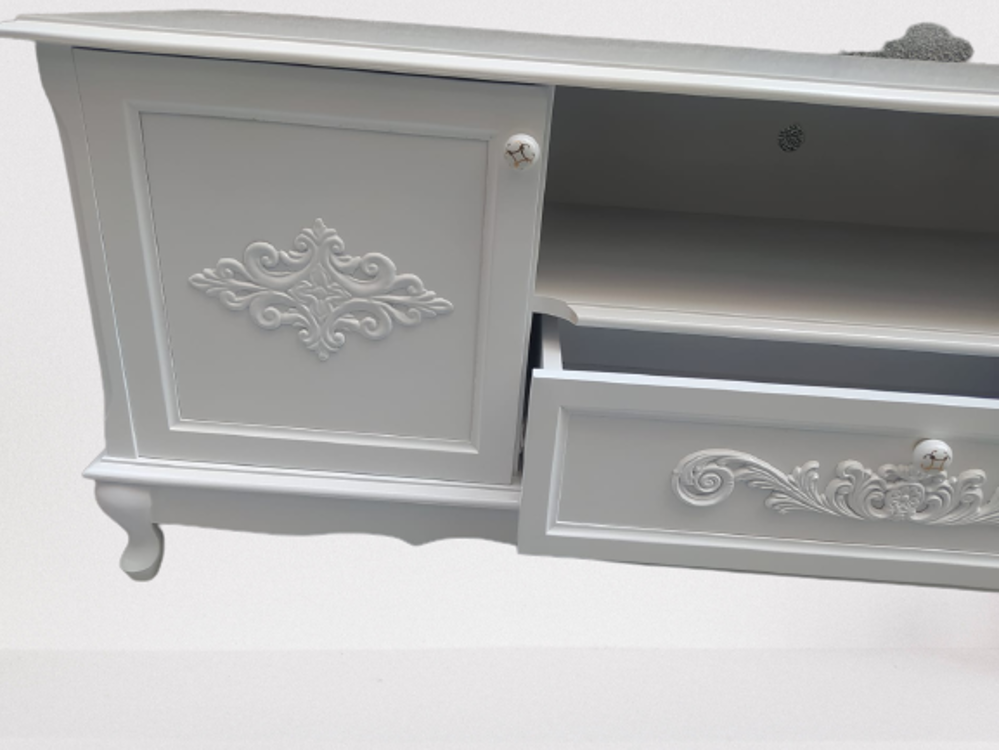 Tv Sehpa ST 17448 Klasik Nakış Model Kayın Aslan Ayak Oyma Beyaz 