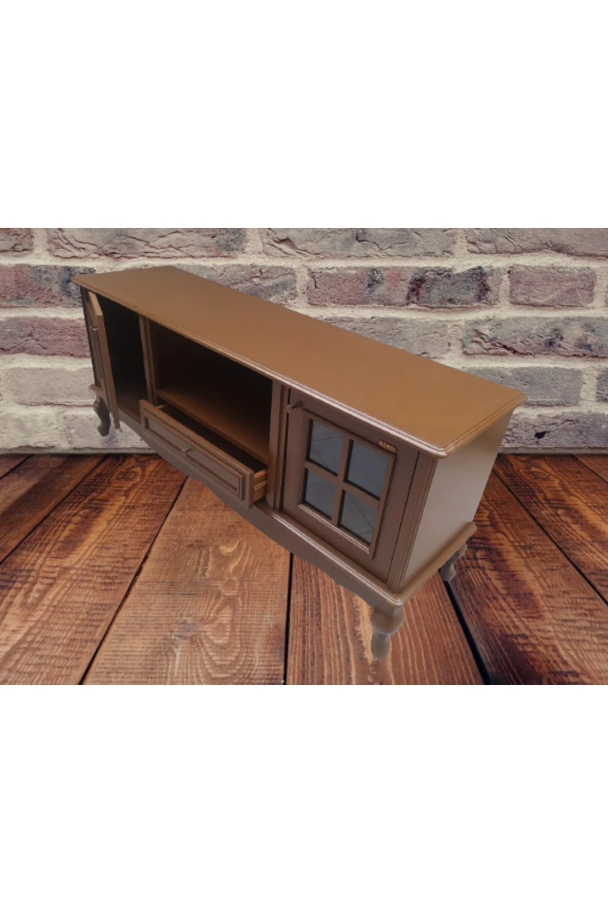 Tv Sehpa ST 18168 Windovs Model Ahşap Kayın ASLAN Ayak Parlak Ceviz 125cm El Yapı - Görsel 3