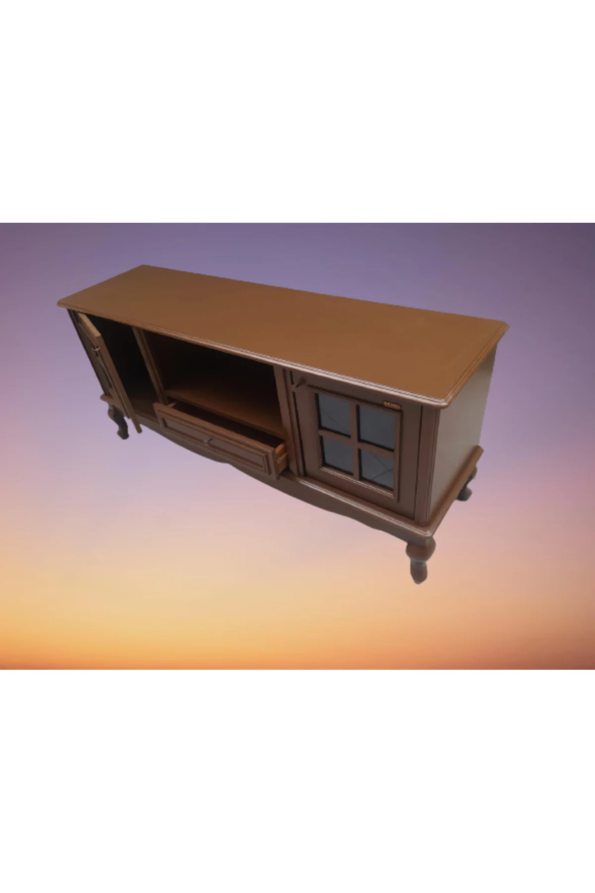 Tv Sehpa ST 18168 Windovs Model Ahşap Kayın ASLAN Ayak Parlak Ceviz 125cm El Yapı - Görsel 2