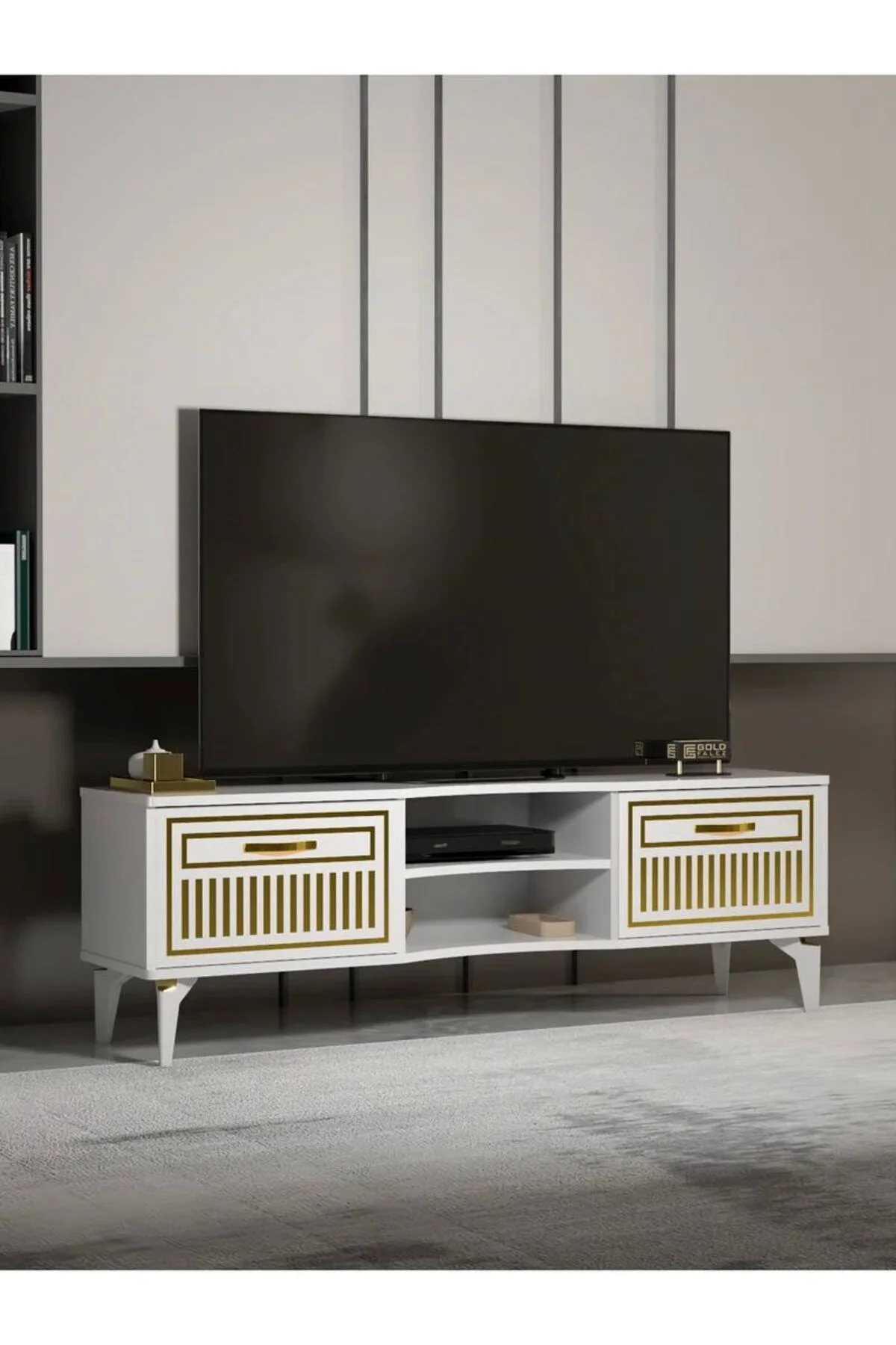 Tv Sehpası Tv Ünitesi Vera Beyaz Gold Çizgili 5052