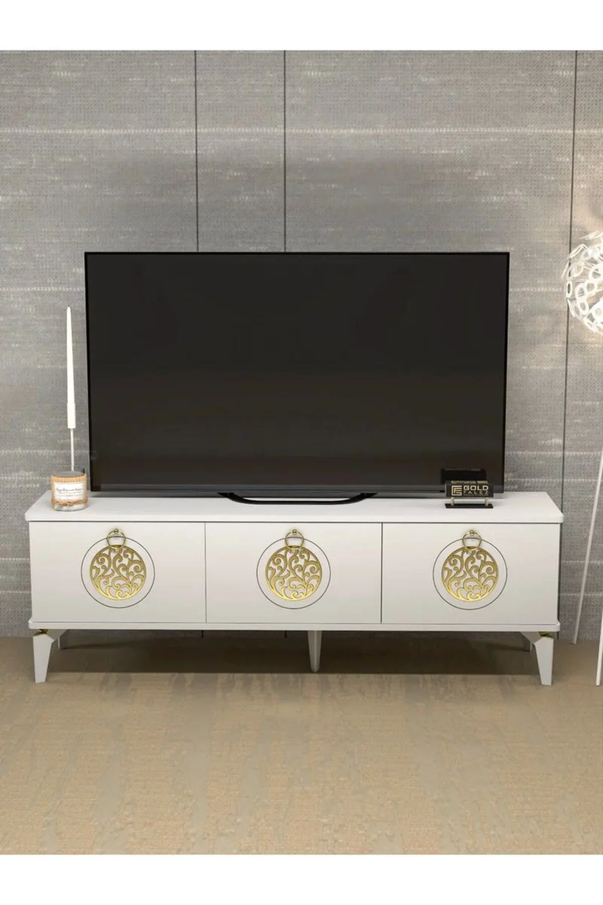 Tv Sehpası Tv Ünitesi Saraylı Beyaz Gold 5062
