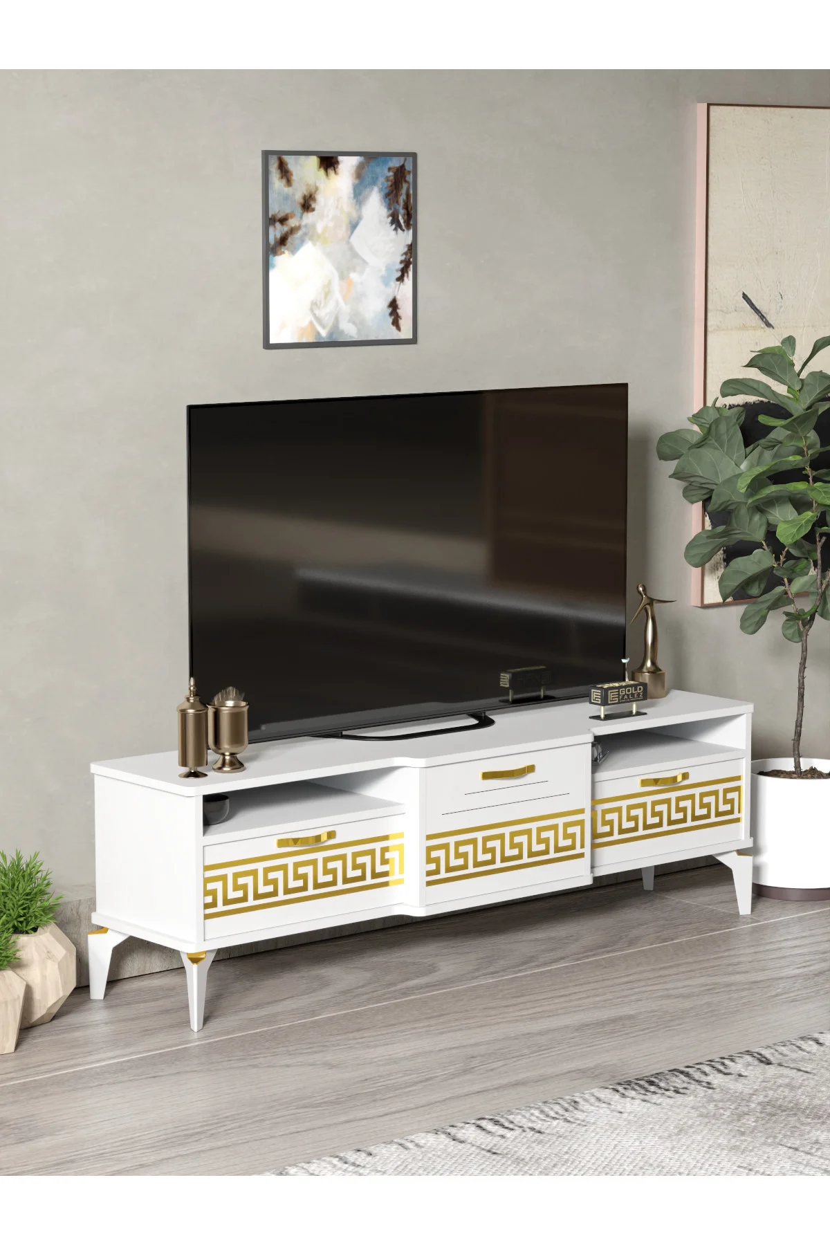 Tv Sehpası Tv Ünitesi Vera Atlantik Çam Antrasit Gold Çizgili 505