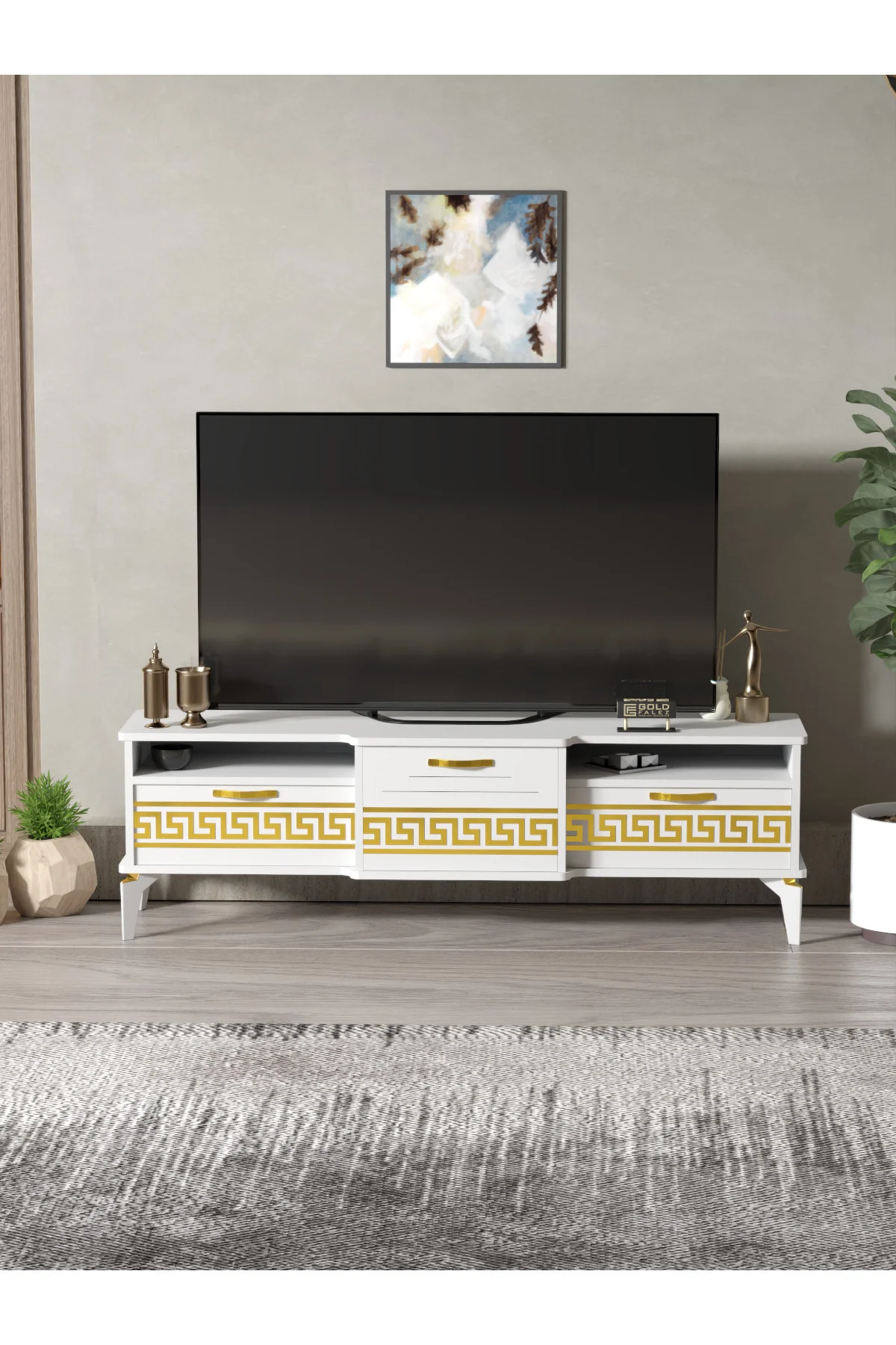Tv Sehpası Tv Ünitesi Vera Atlantik Çam Antrasit Gold Çizgili 505