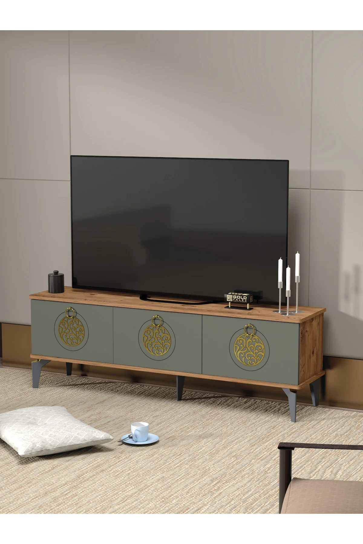 Tv Sehpası Tv Ünitesi Atlantik Çam Antrasit Gold 160 Cm Saraylı 5