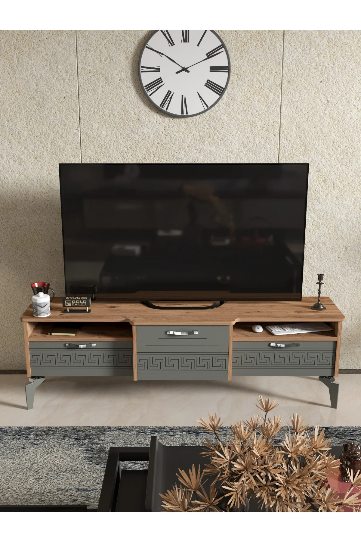 Tv Sehpası Tv Ünitesi Saraylı Beyaz Gold 5062