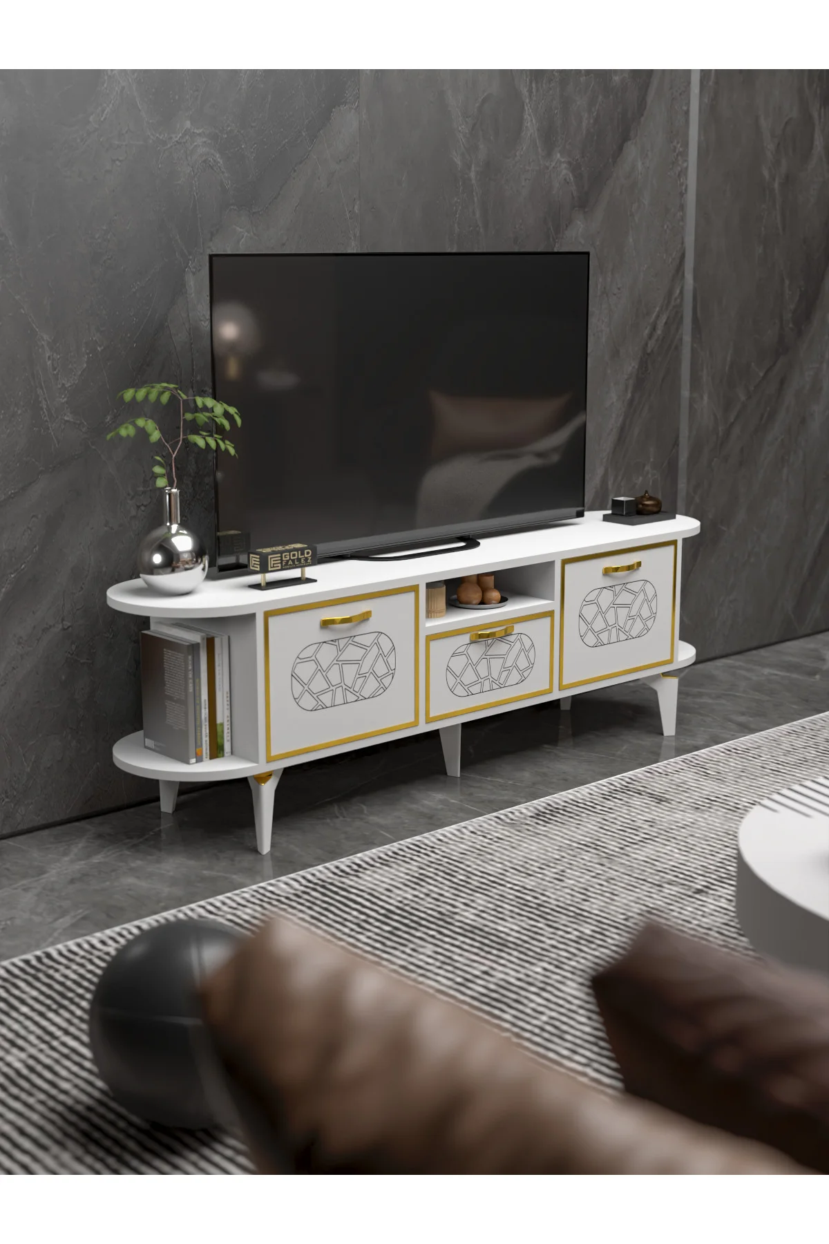 Tv Sehpası Tv Ünitesi Raflı 140 Cm Gzd Beyaz