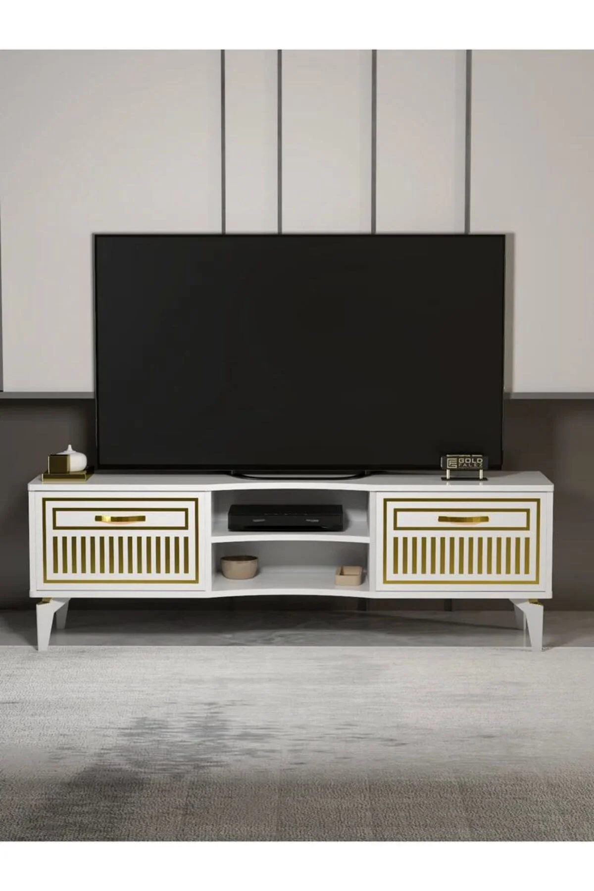 Tv Sehpası Tv Ünitesi Vera Beyaz Gold Çizgili 5052