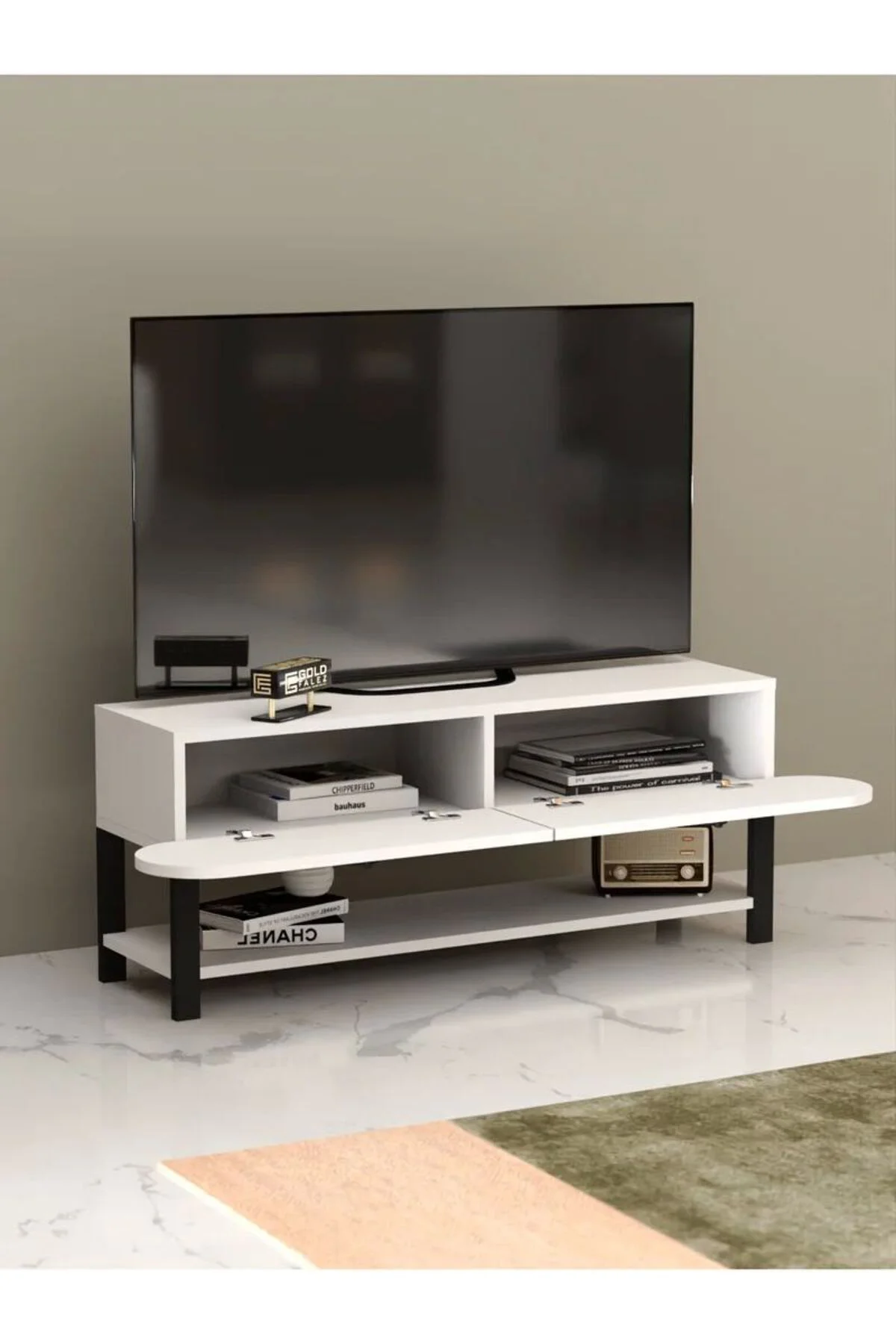 Tv Sehpası Tv Ünitesi Kapaklı Raflı Setro Beyaz