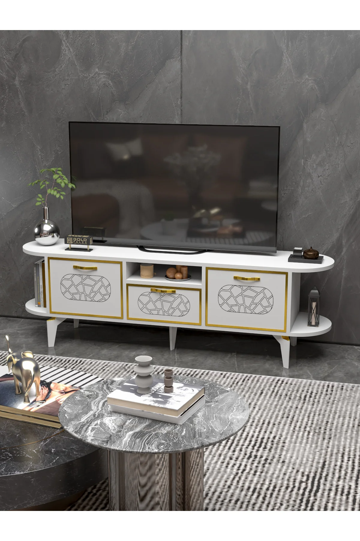Tv Sehpası Tv Ünitesi Raflı 140 Cm Gzd Beyaz