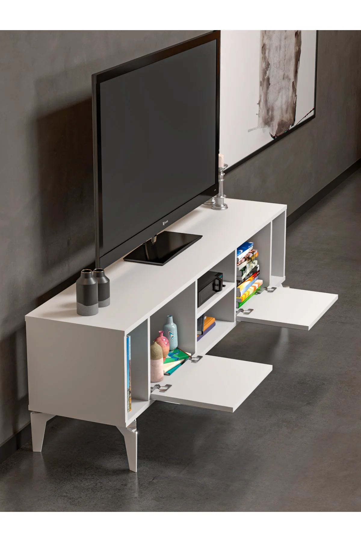 Tv Sehpası Tv Ünitesi Beyaz Gümüş 160 Cm Linya 5043