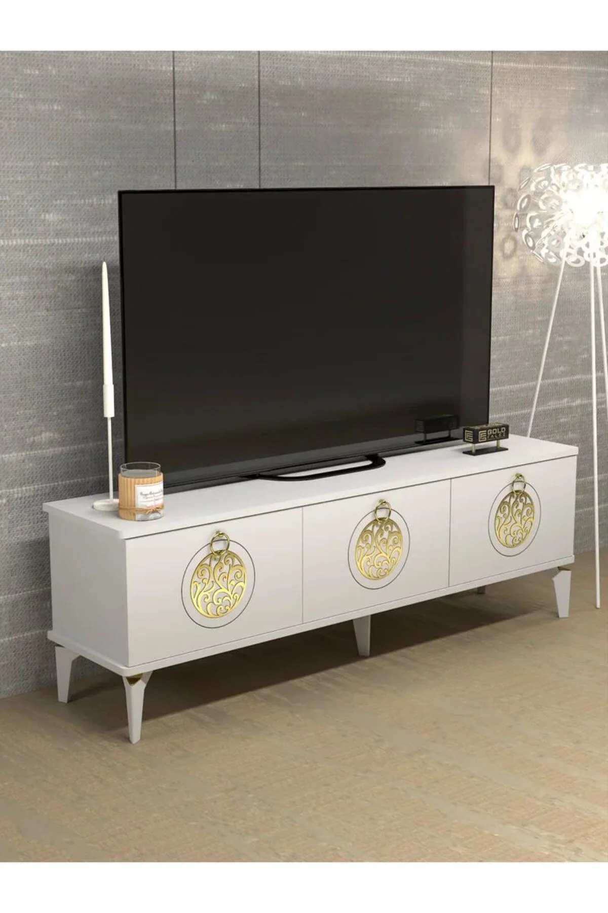 Tv Sehpası Tv Ünitesi Saraylı Beyaz Gold 5062